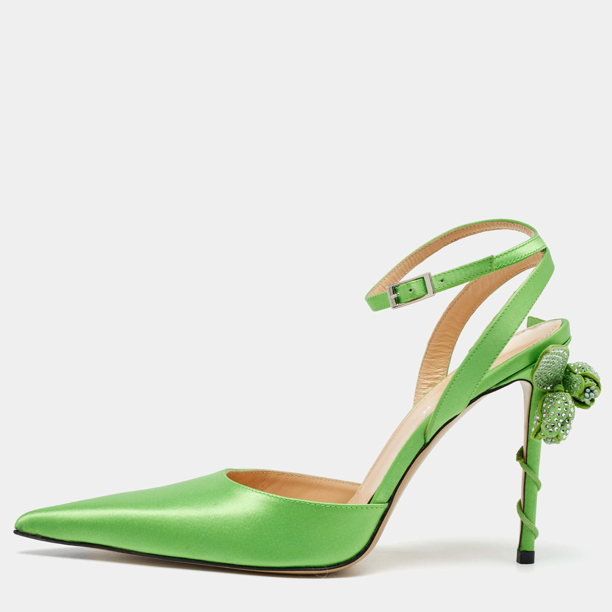 Mach & Mach Green Satin Wonder Tulip Pointed Toe Ankle Strap Sandals Size 39