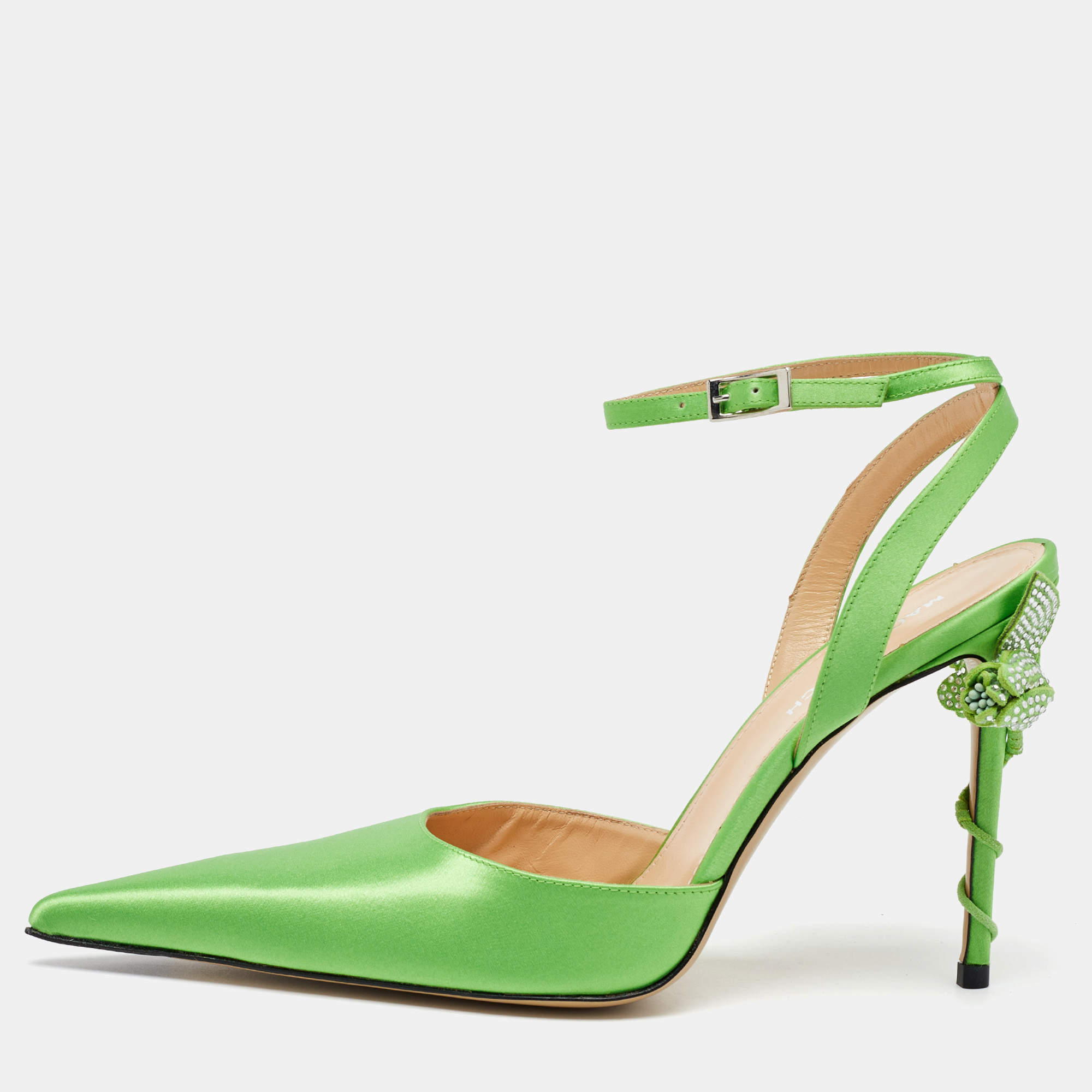 Mach & Mach Green Satin Wonder Tulip Pointed Toe Ankle Strap Sandals Size 39