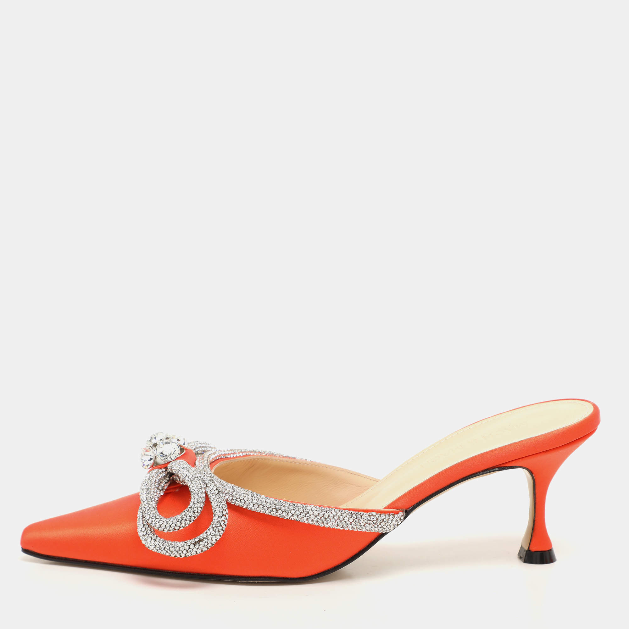 Mach & Mach Orange Satin Crystal Embellished Double Bow Mules Size 37