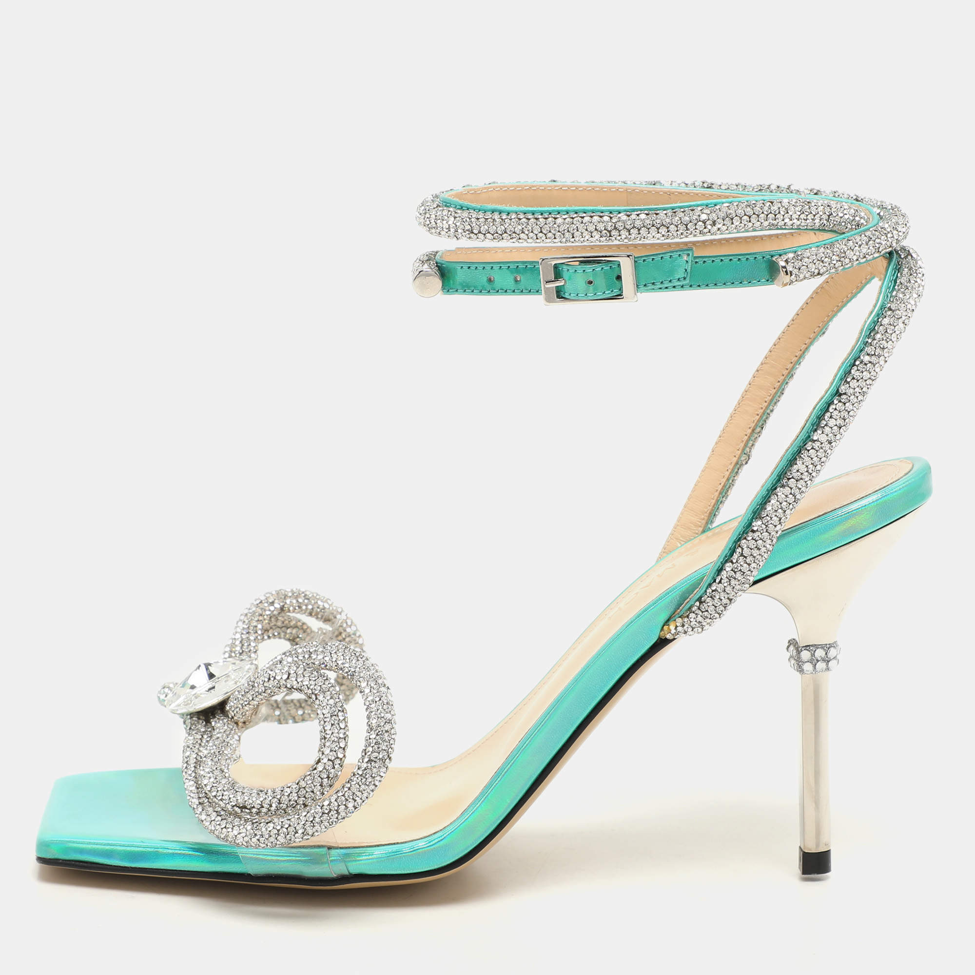 Mach & Mach Multicolor Iridescent Leather and PVC Crystal Embellished Bow Ankle Wrap Sandals Size 37 