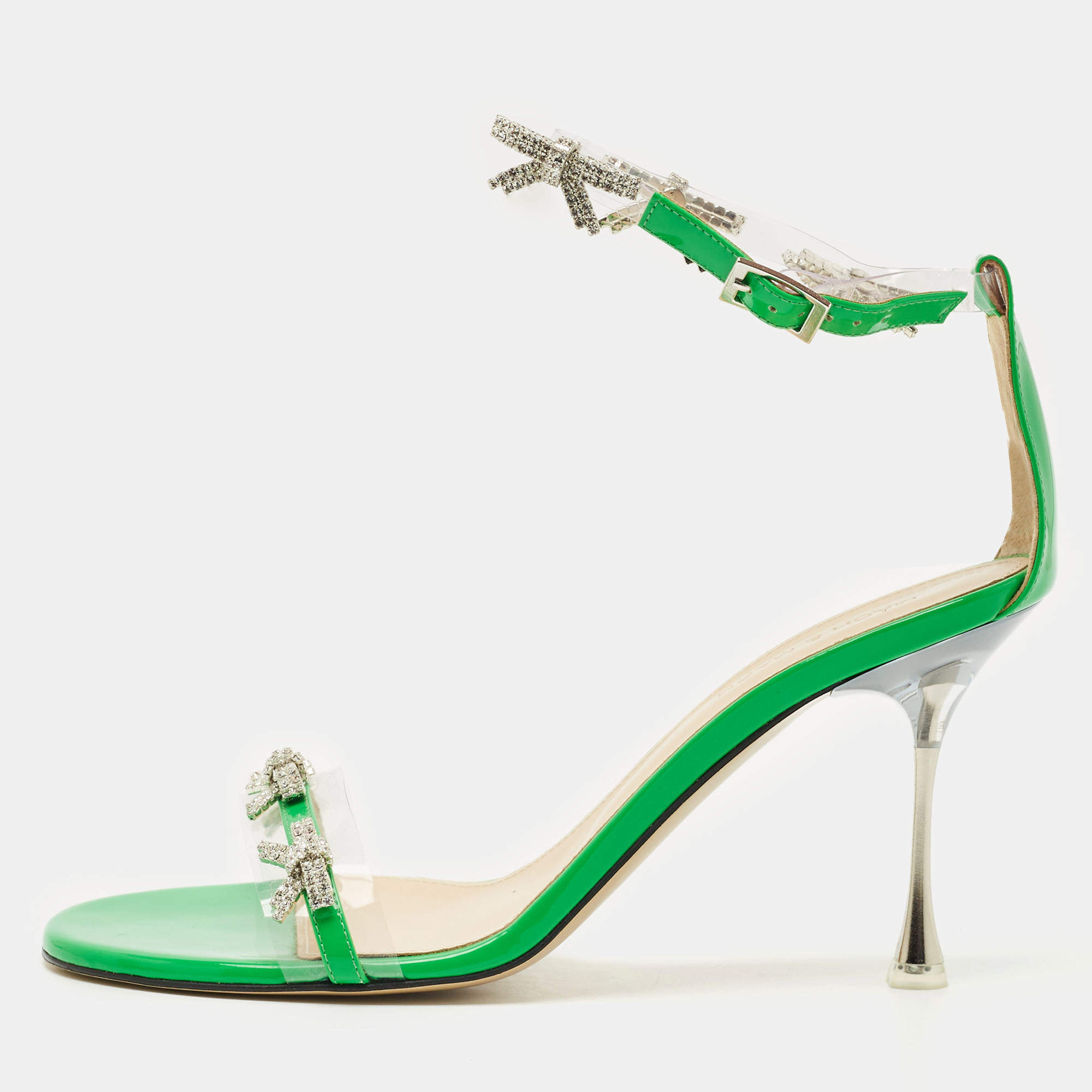 Mach & Mach Green Patent Leather and PVC Floating Crystal Bow Sandals Size 39.5