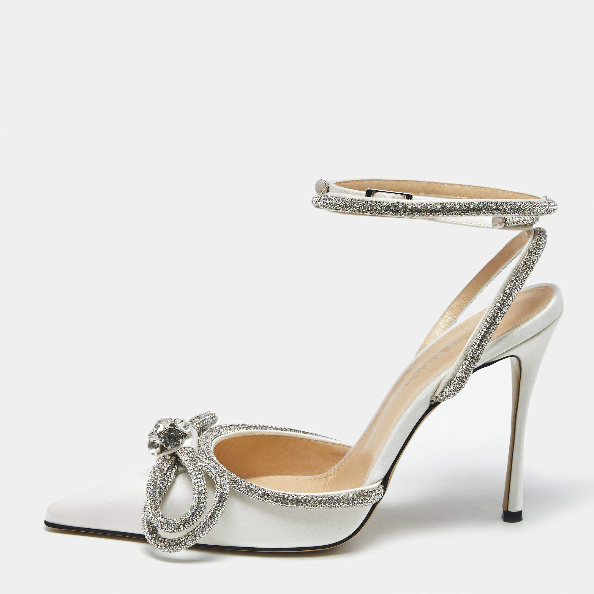 Pre Owned Mach & Mach White Satin Crystal Embellished Double Bow Pumps Size 39