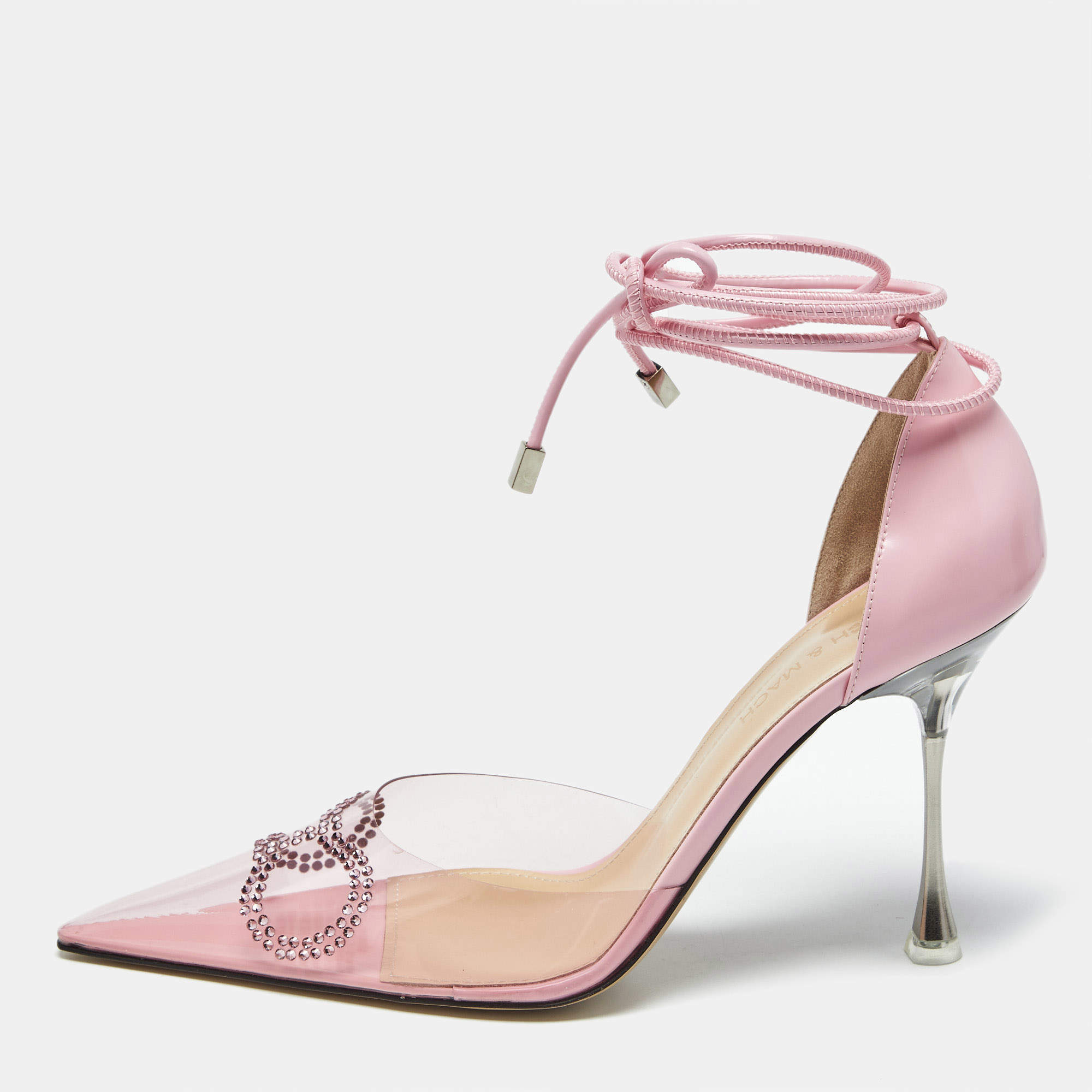 Pre Owned Mach & Mach Pink Leather and PVC Crystal Bow Ankle Strap Pumps Size 39