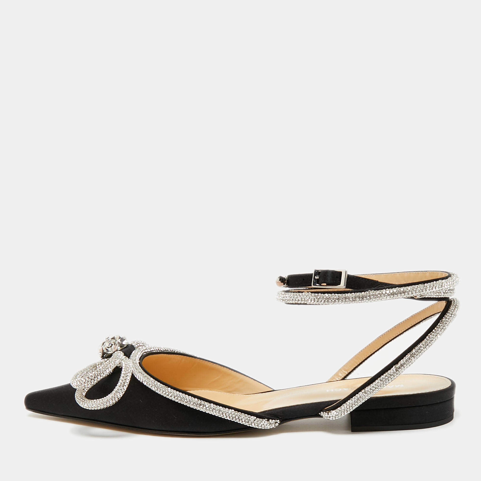 Pre Owned Mach & Mach Black Satin Double Bow Crystal Embellished Ankle Wrap Flat Sandals Size 41