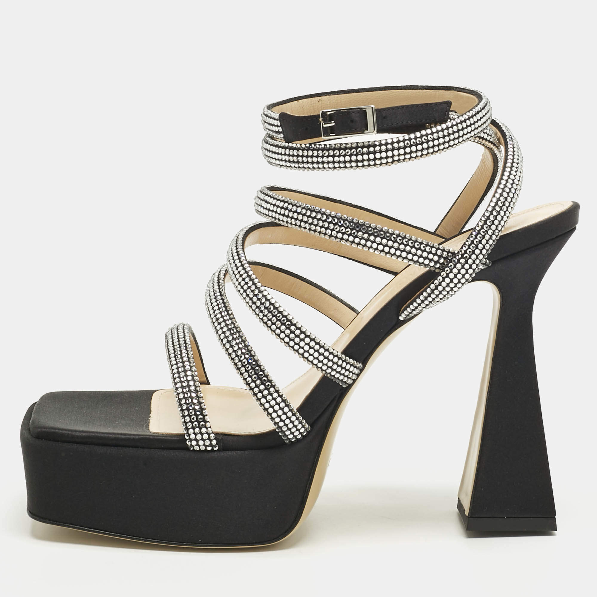 مملوكة مسبقًا Mach & Mach Black Satin Sydney Crystal Embellished Platform Sandals Size 40