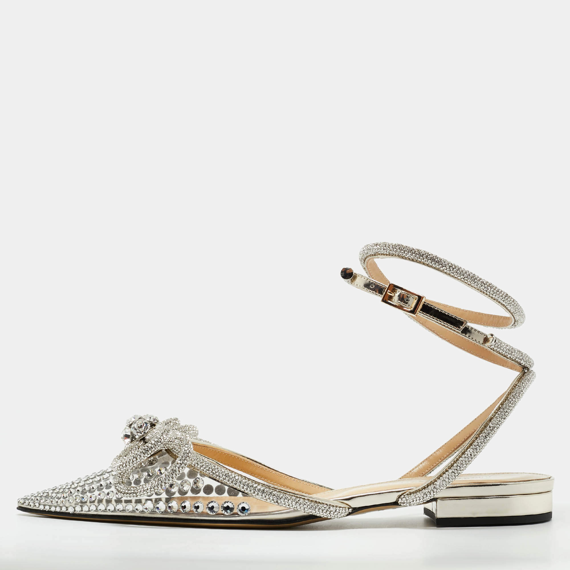 Pre Owned Mach & Mach Transparent PVC Double Bow Crystal Embellished Ankle Wrap Flat Sandals Size 41