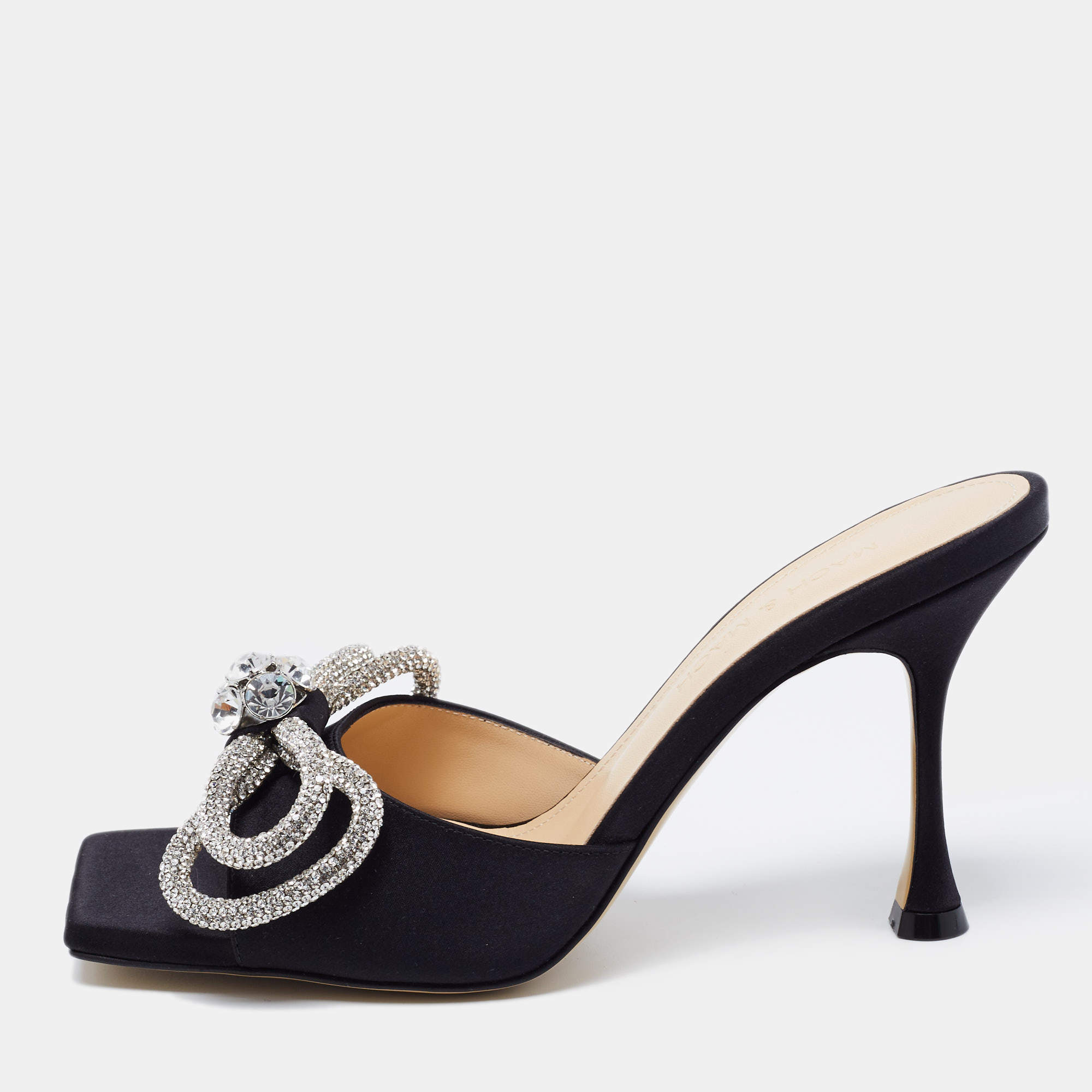 Pre Owned Mach & Mach Black Satin Double Bow Crystal Embellished Slip Sandals Size 37