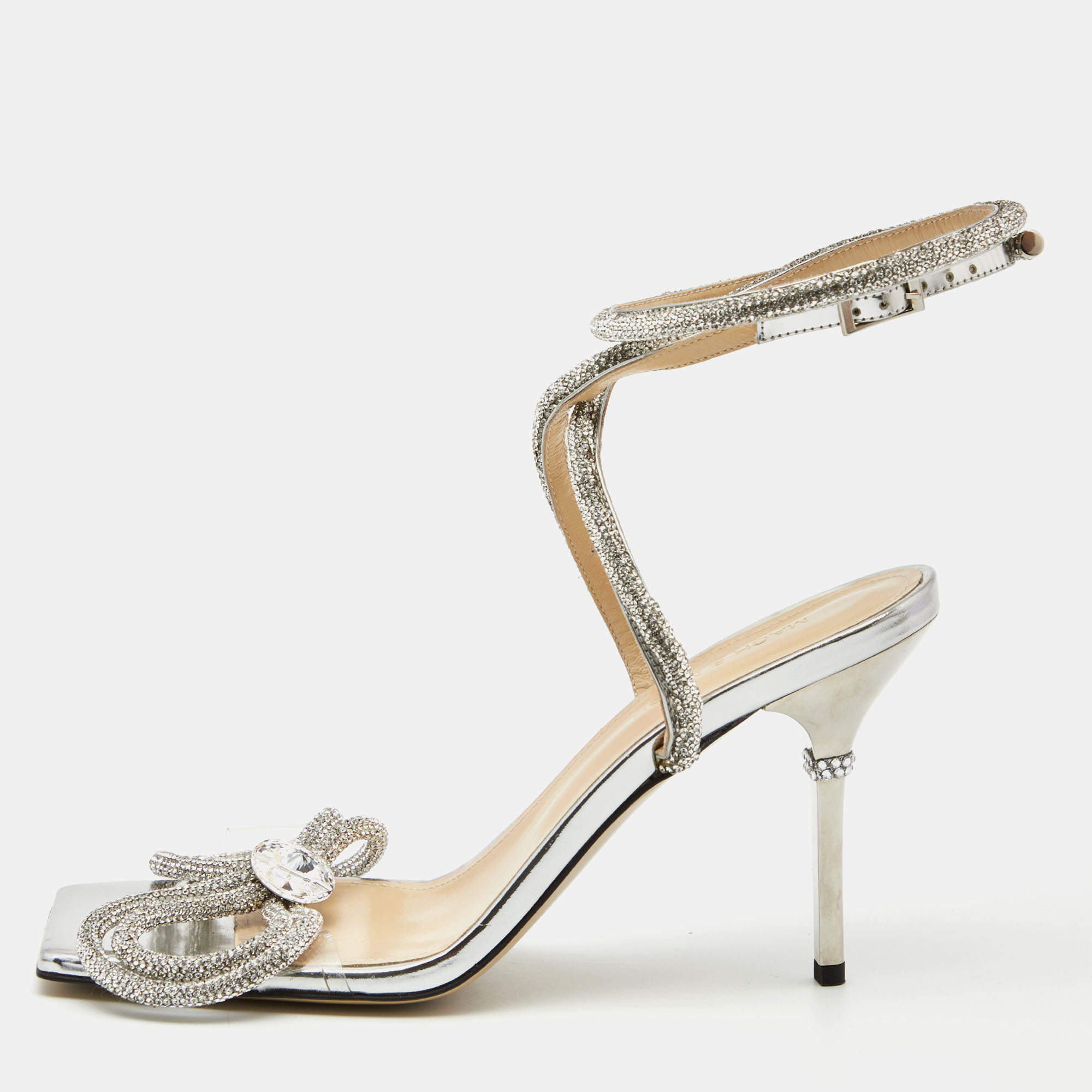 Pre Owned Mach & Mach Silver Leather and PVC Crystal Embellished Bow Ankle Strap Sandals Size 40