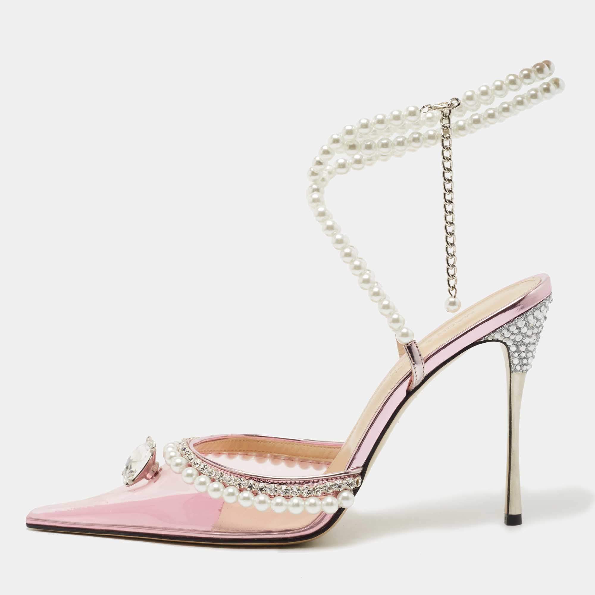 Pre Owned Mach & Mach Pink PVC Diamond of Elizabeth Ankle Wrap Pumps Size 41