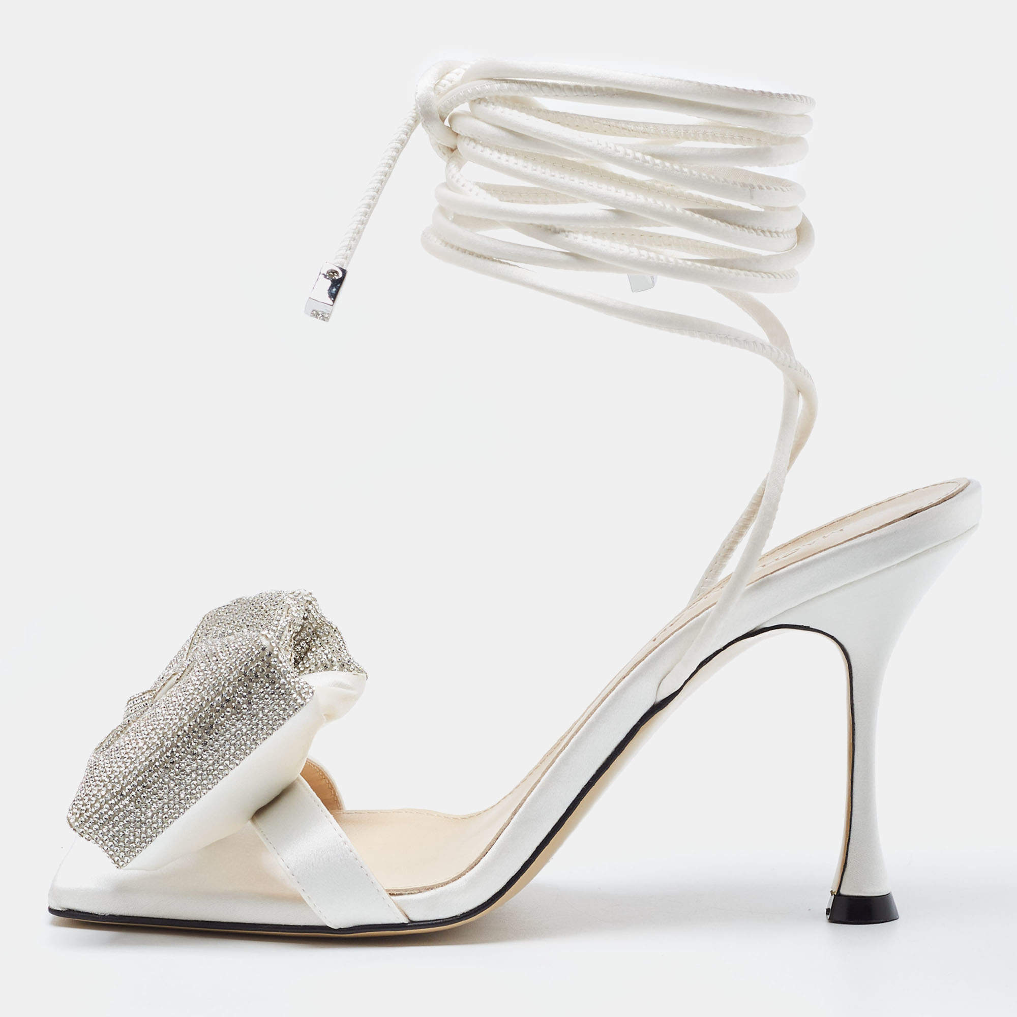 Pre Owned Mach & Mach White Satin Crystal Embellished Bow Ankle Wrap Sandals Size 38