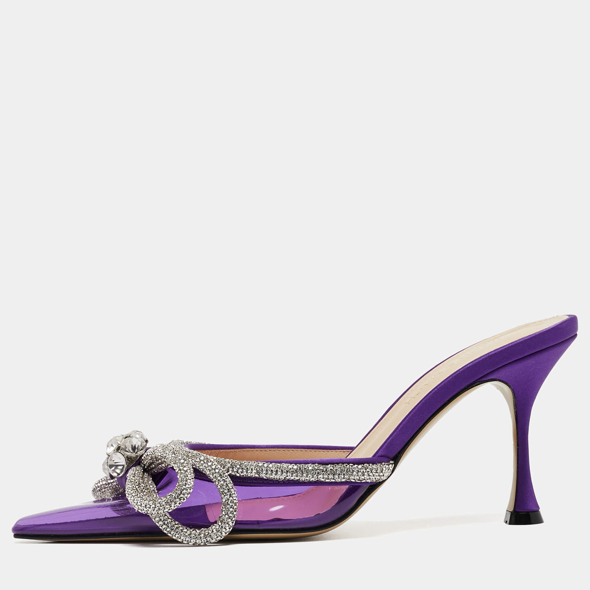 Pre Owned Mach & Mach Purple PVC Crystal Embellished Double Bow Mules Size 36.5