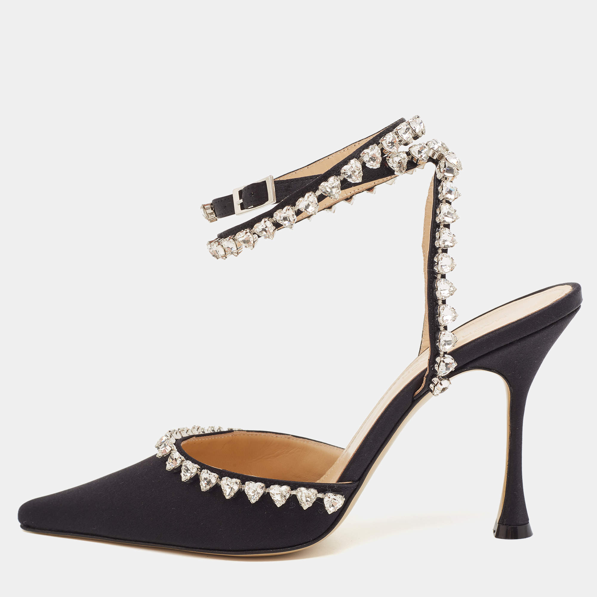 Pre Owned Mach & Mach Black Satin Heart Crystal Embellished Ankle Wrap Pumps Size 38