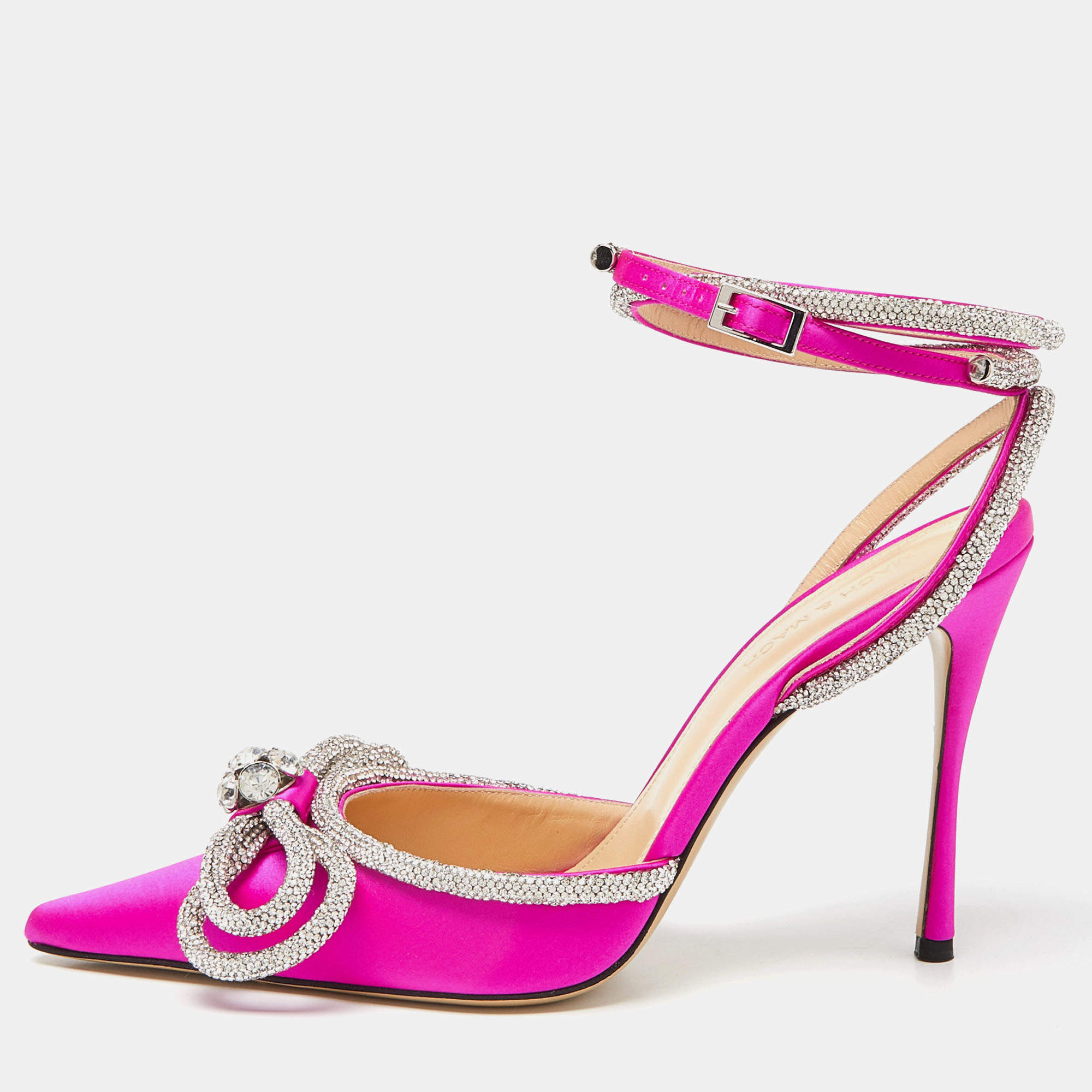 مملوكة مسبقًا Mach & Mach Magenta Satin Double Bow Crystal Embellished Ankle Wrap Pumps Size 40.5