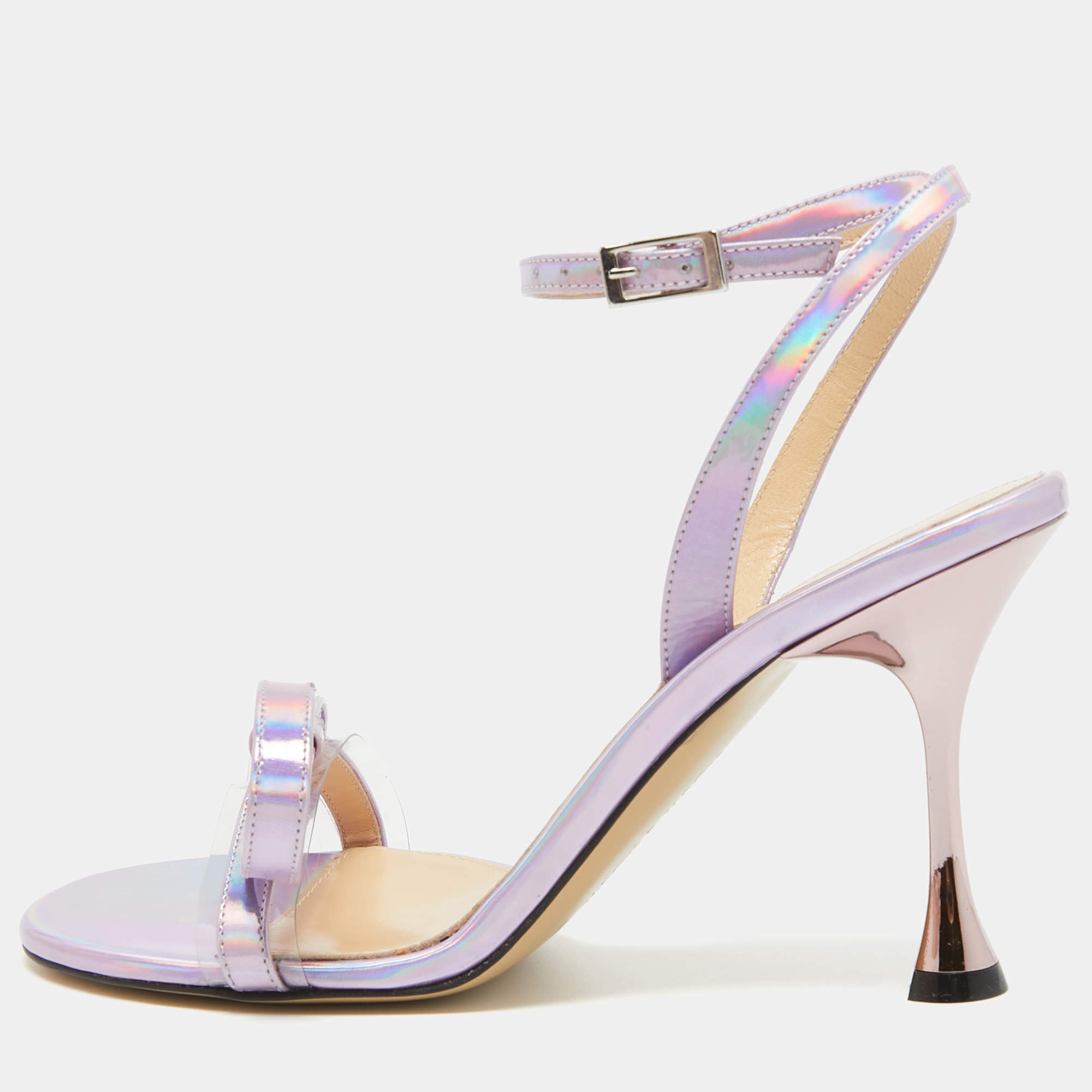 Pre Owned Mach & Mach Iridescent Purple Patent Leather and PVC French Bow Sandals Size 37.5