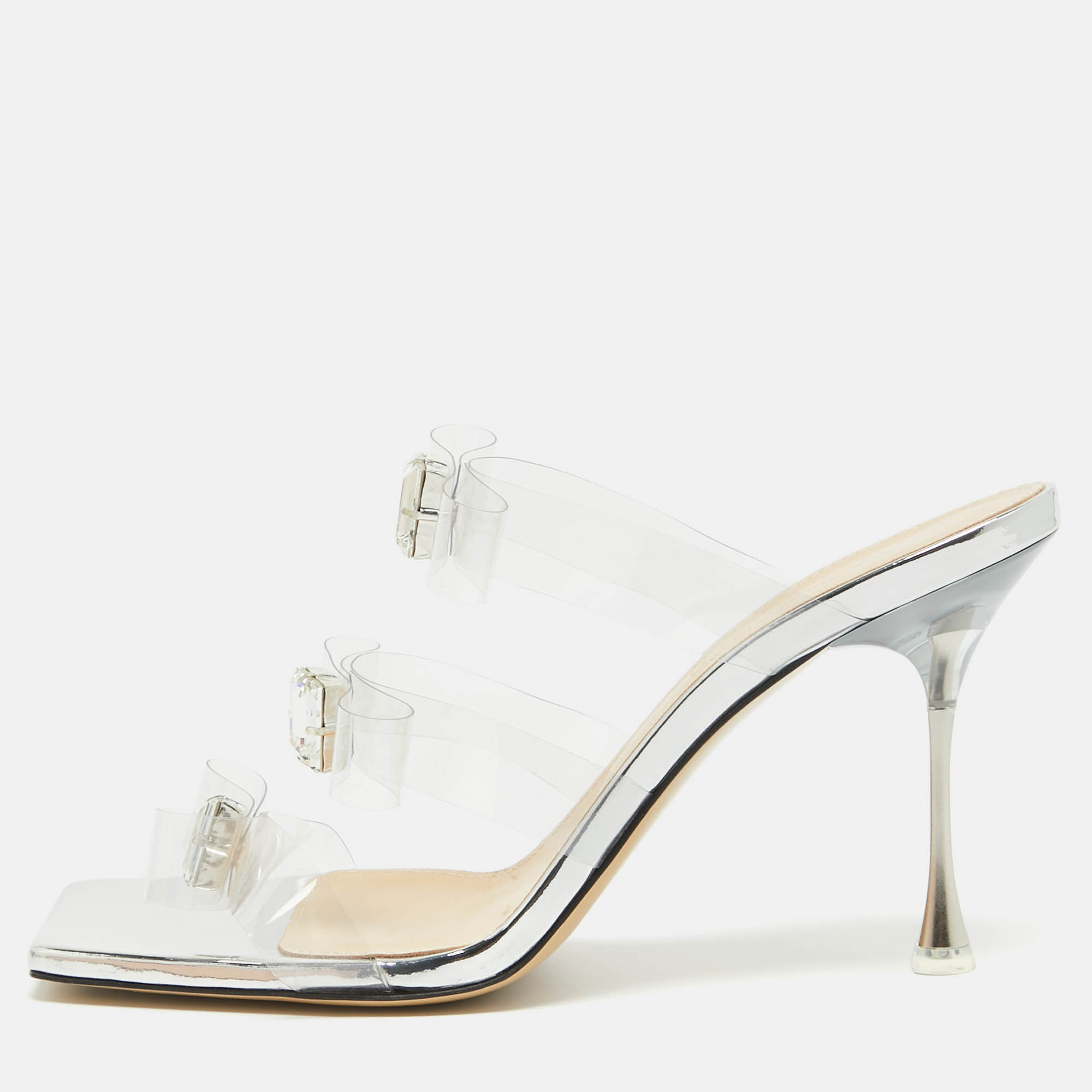 Mach & Mach Silver PVC and Patent Leather French Triple Bow Sandals Size 36.5
