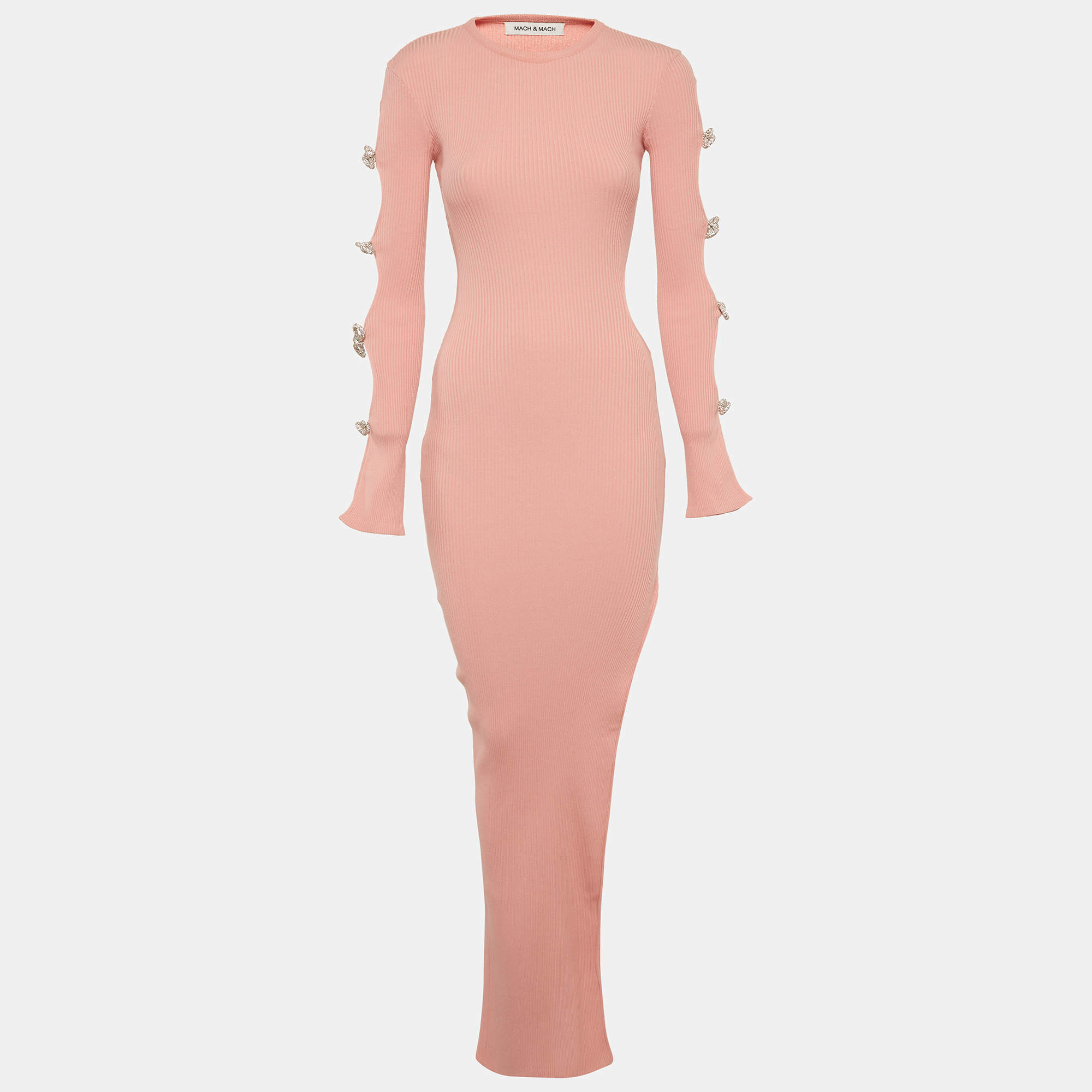 Pre Owned Mach & Mach Pink Rib Knit Cut-Out Crystal Bow Maxi Dress XS