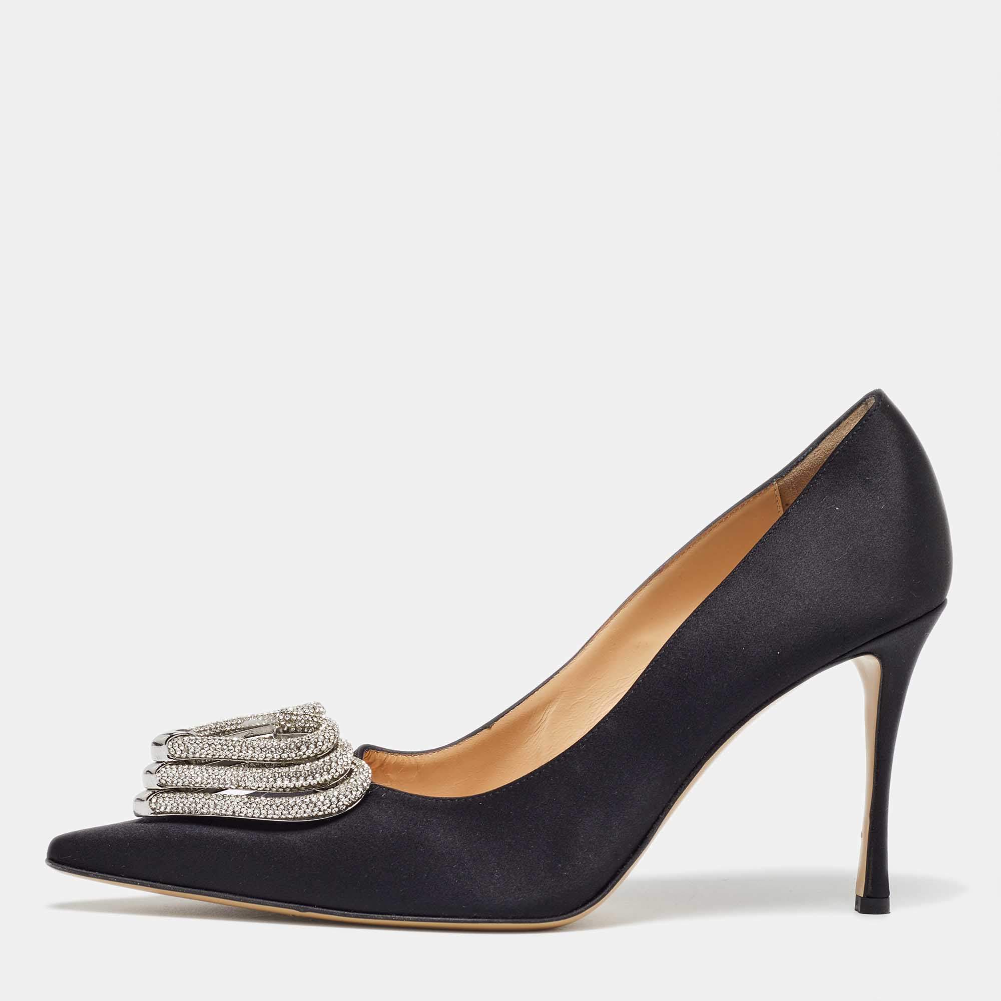 Pre Owned Mach & Mach Black Satin Triple Heart Pumps Size 41