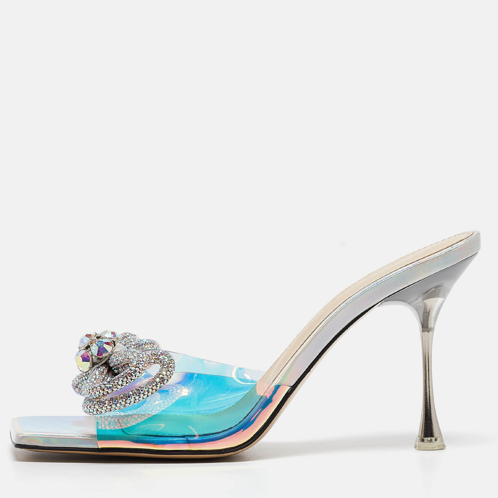 Pre Owned Mach & Mach Transparent Iridescent PVC Crystal Embellished Double Bow Slide Sandals Size 38