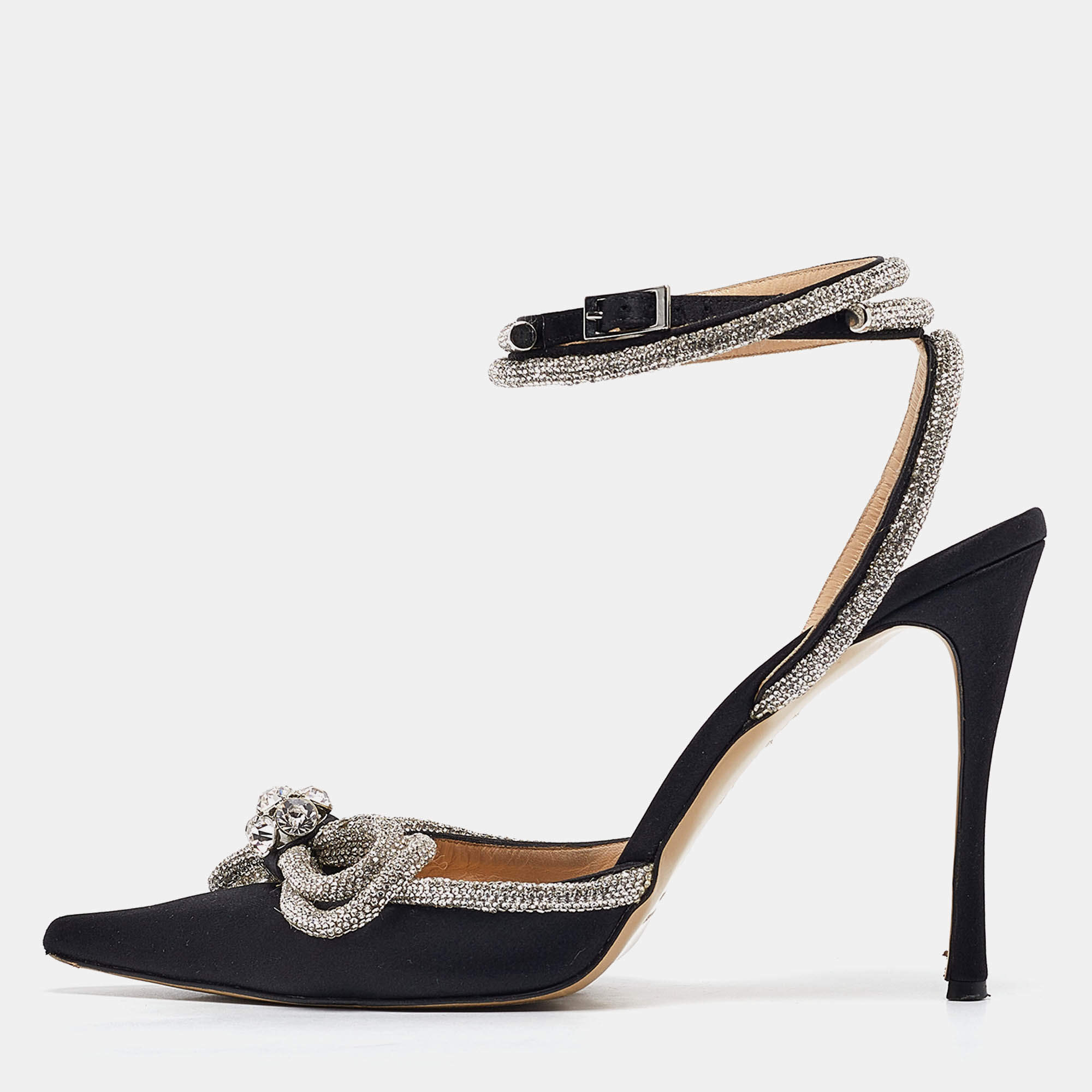 Pre Owned Mach & Mach Black Satin Crystals Double Bow Pumps Size 41