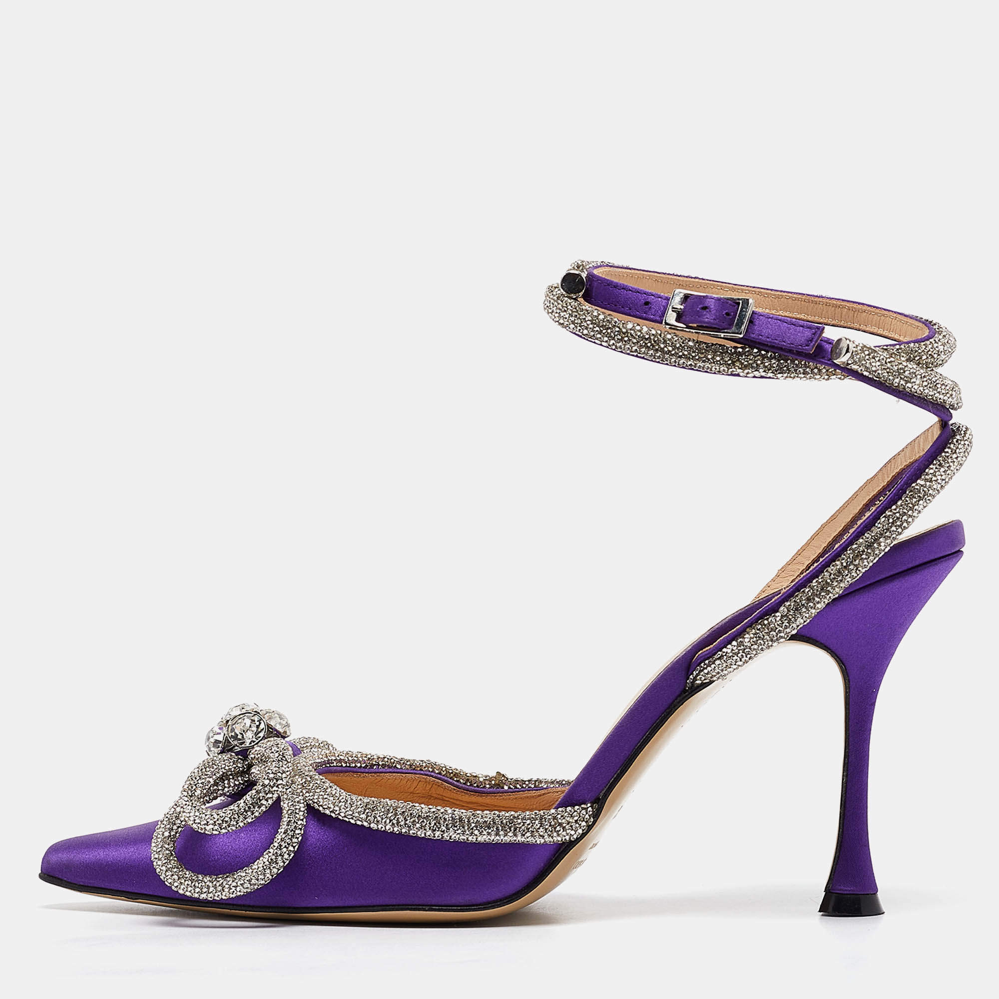 مملوكة مسبقًا Mach & Mach Purple Satin Crystal Embellished Double Bow Pumps Size 38.5