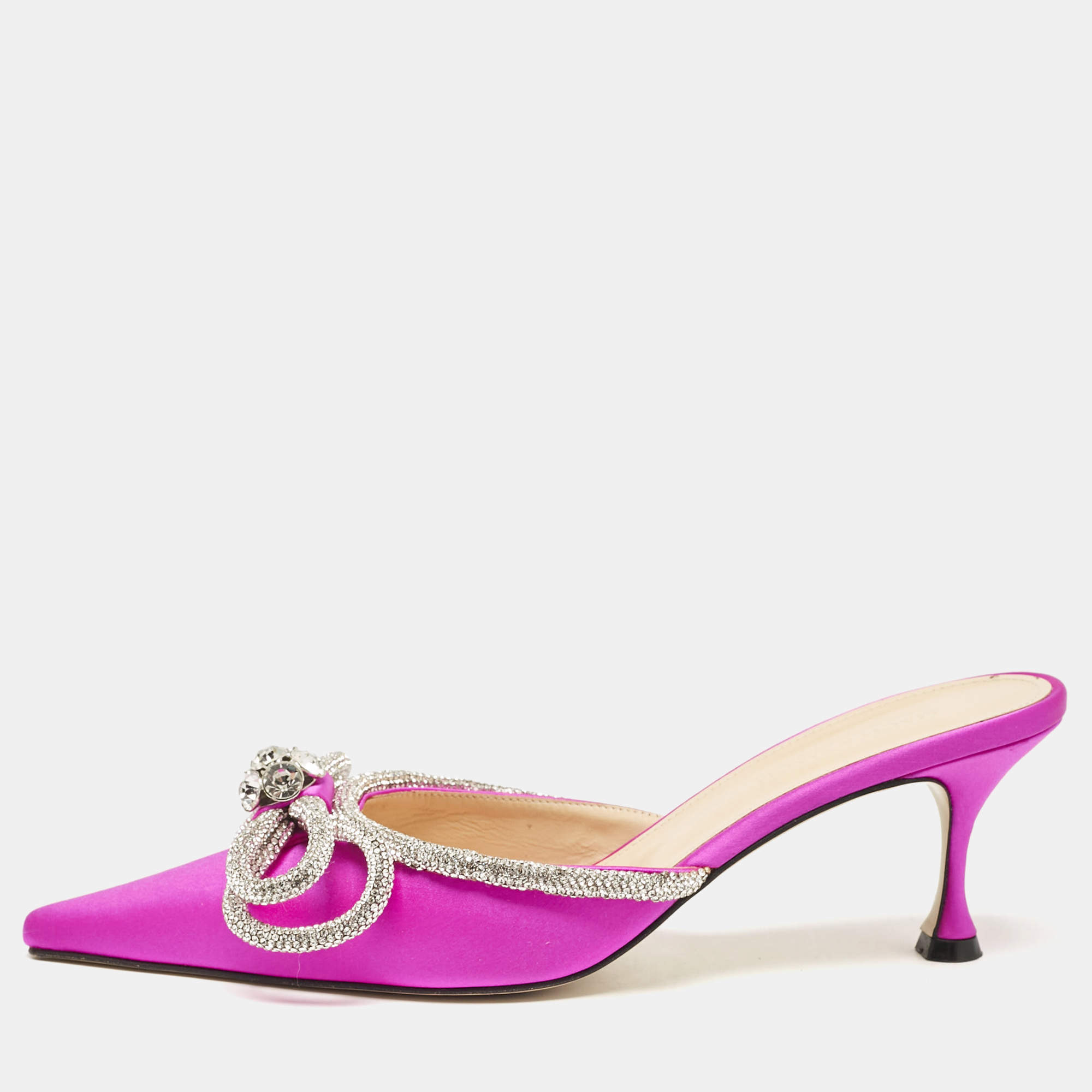 Mach & Mach Fuschia Satin Crystal Embellished Double Bow Mules Size 39