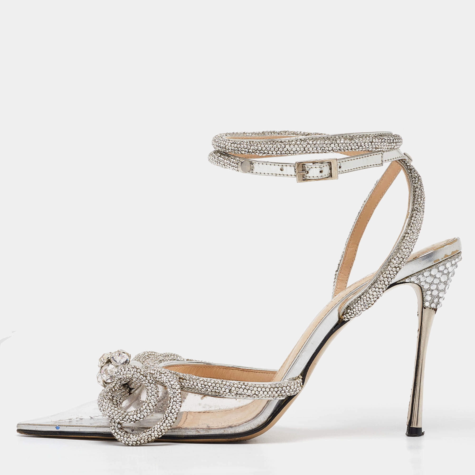 Mach & Mach Silver PVC Crystal Embellished Double Bow Pumps Size 39