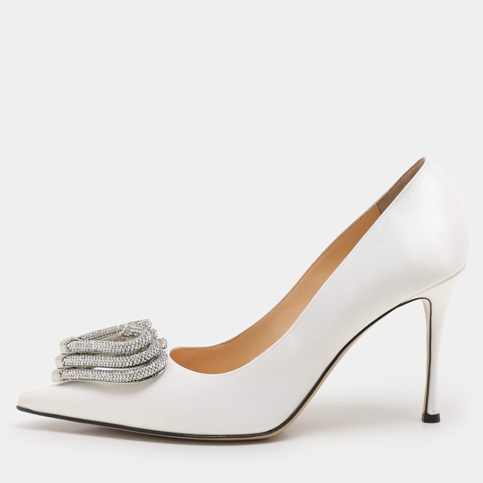 Pre Owned Mach & Mach White Satin Triple Heart Pumps Size 40