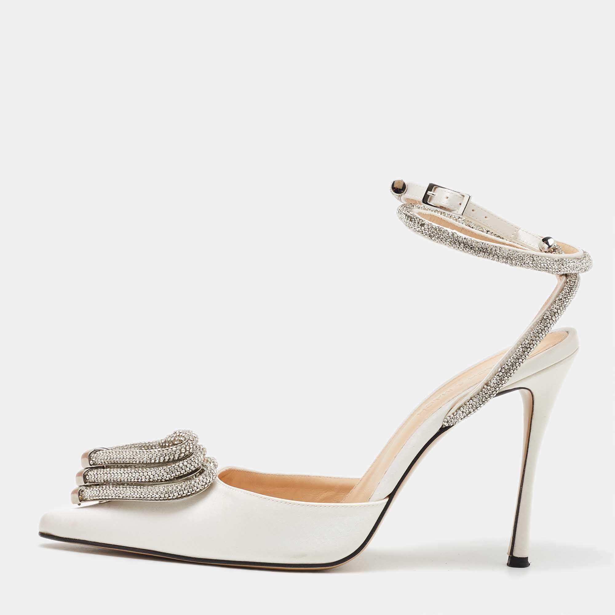 Mach & Mach White Satin Crystal Embellished Triple Heart Ankle Wrap Pumps Size 39