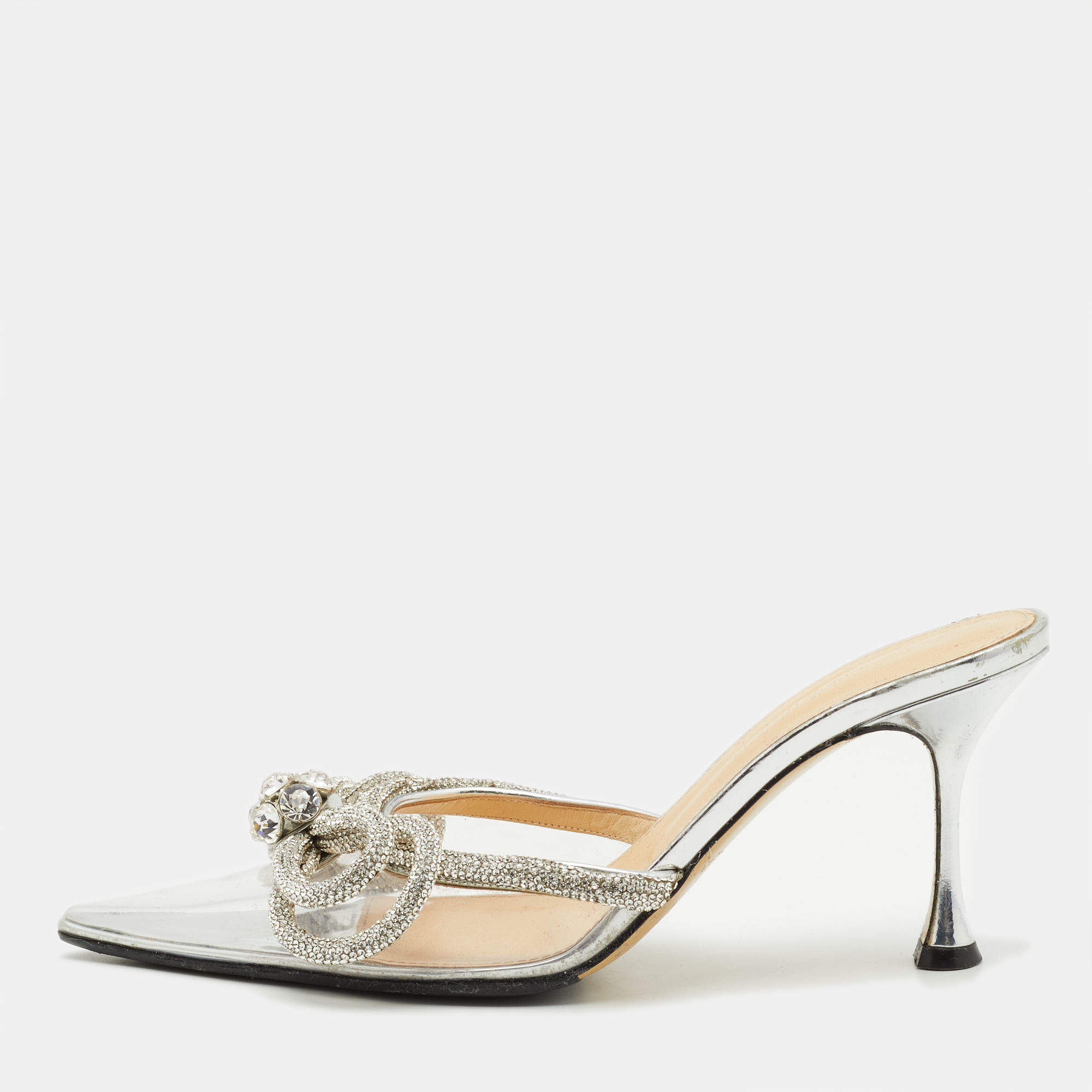 Pre Owned Mach & Mach Transparent PVC Crystal Embellished Double Bow Mules Size 38