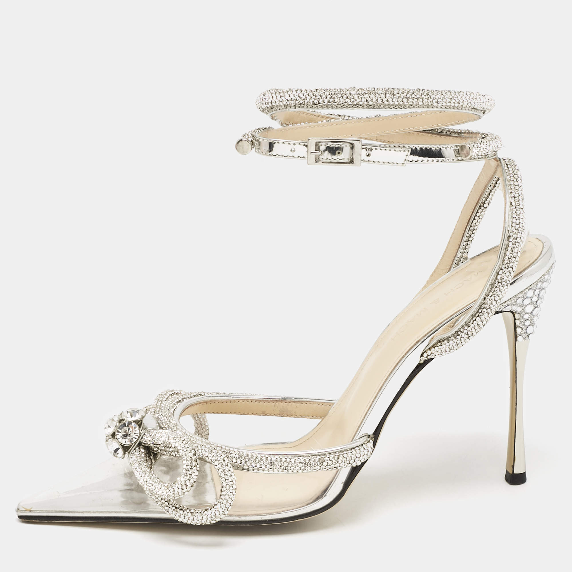 Pre Owned Mach & Mach Silver PVC Crystal Embellished Double Bow Pumps Size 37