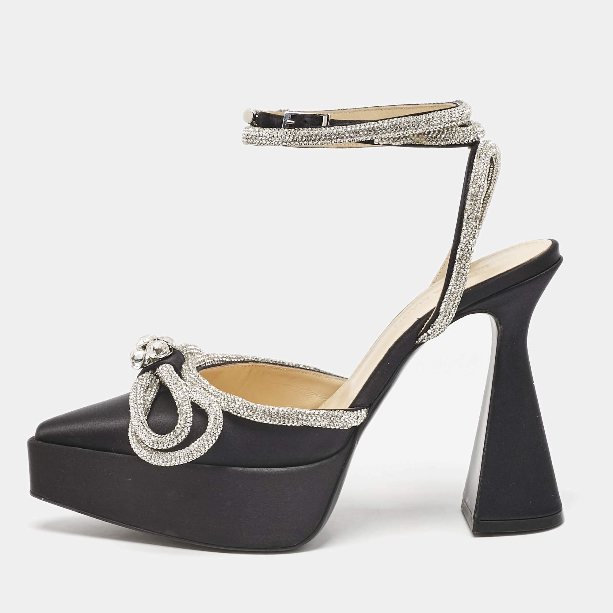 مملوكة مسبقًا Mach & Mach Black Satin Crystal Embellished Double Bow Platform Pumps Size 37.5