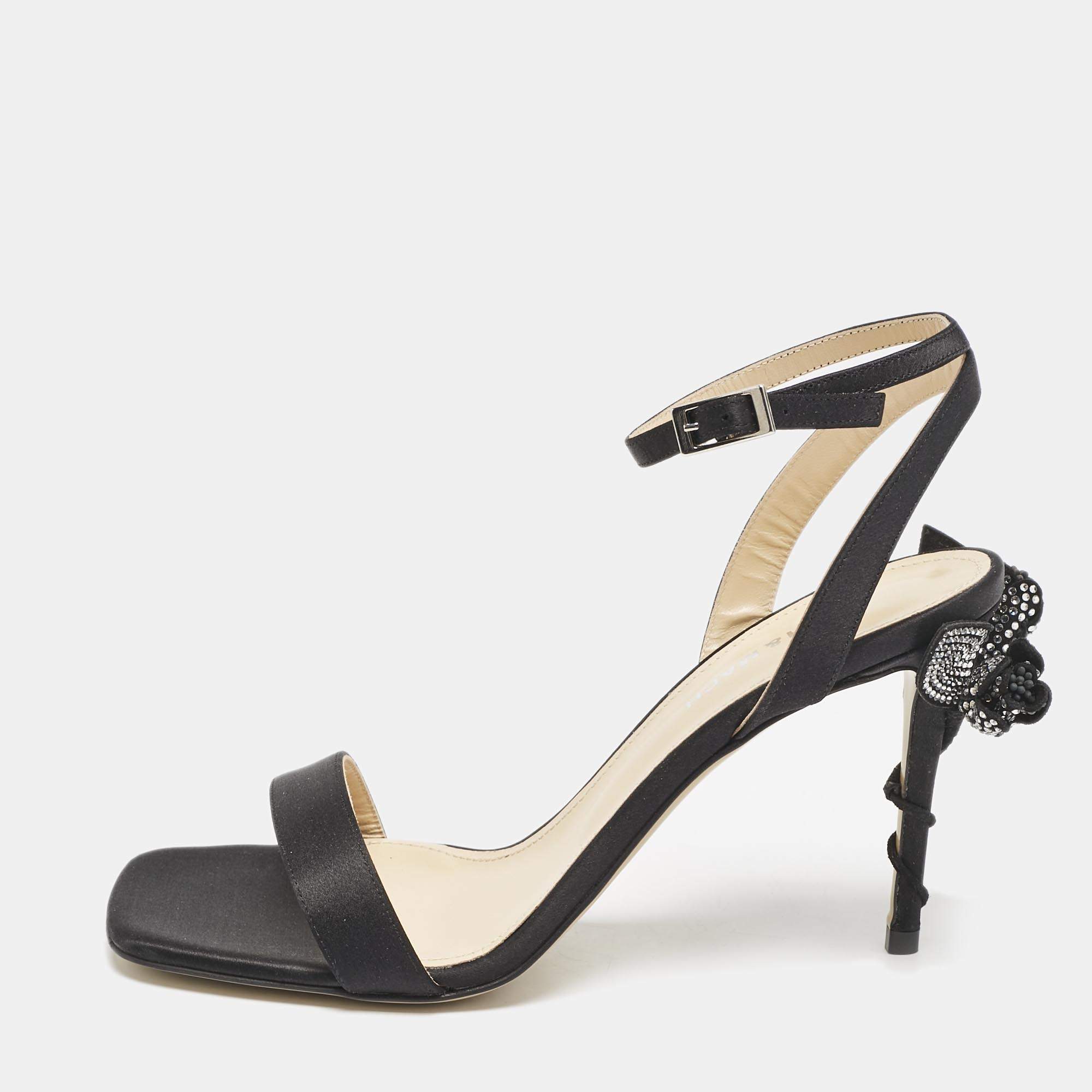 Mach & Mach Black Satin Wonder Tulip Sandals Size 38.5