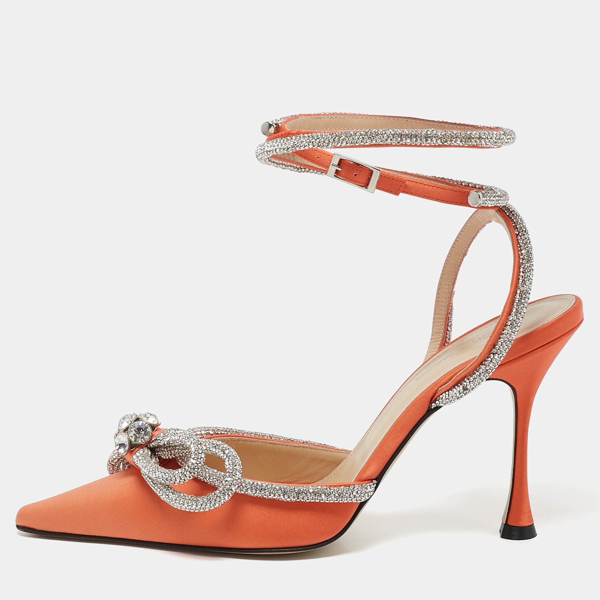 Pre Owned Mach & Mach Orange Satin Double Bow Crystal Embellished Ankle Strap Pumps Size 39