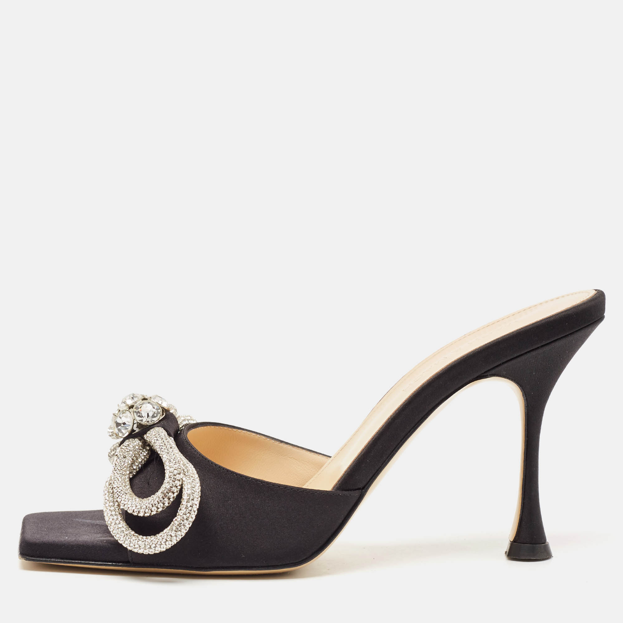 Pre Owned Mach & Mach Black Satin Crystal Embellished Double Bow Slide Sandals Size 38.5