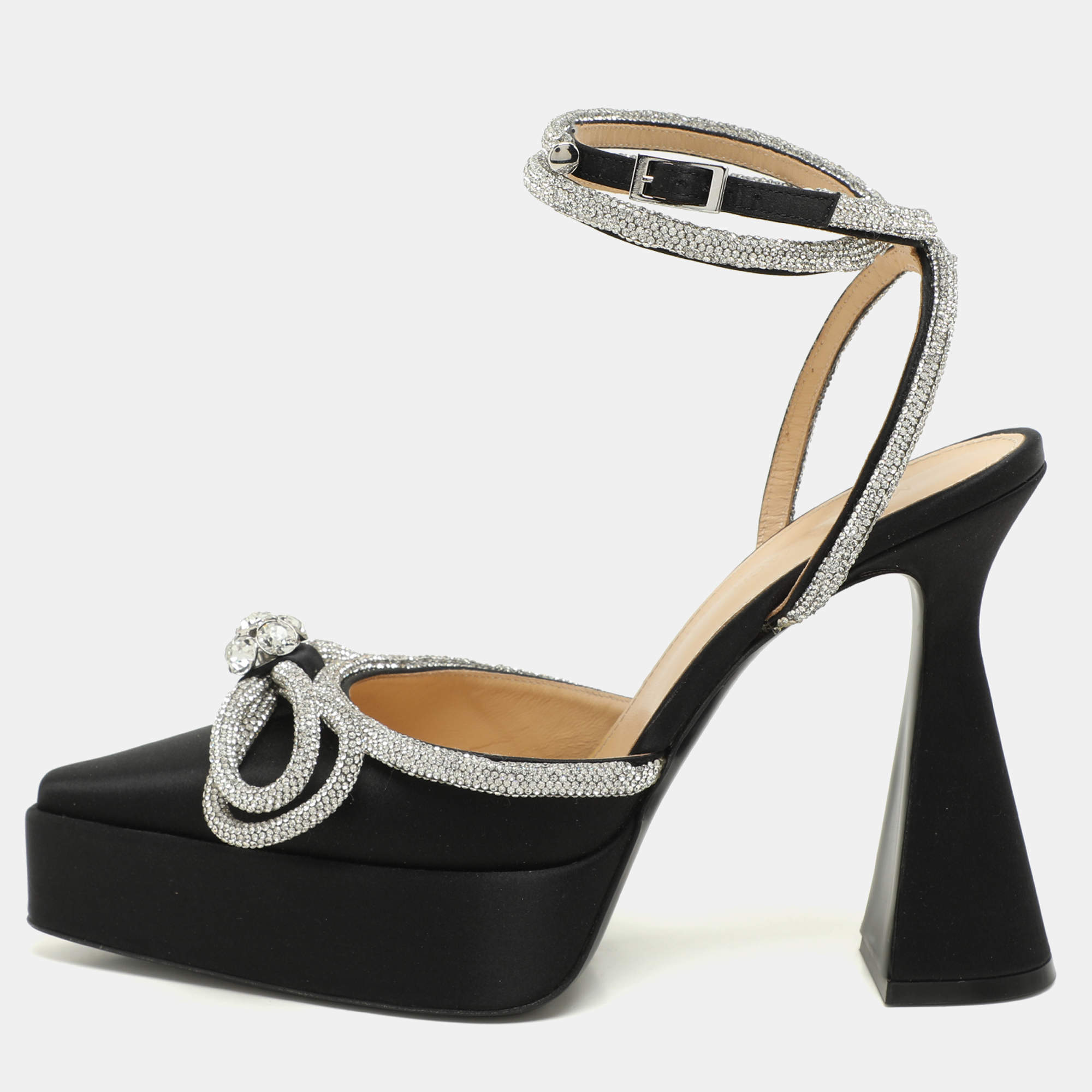 مملوكة مسبقًا Mach & Mach Black Satin Double Bow Crystal Embellished Platform Pumps Size 40
