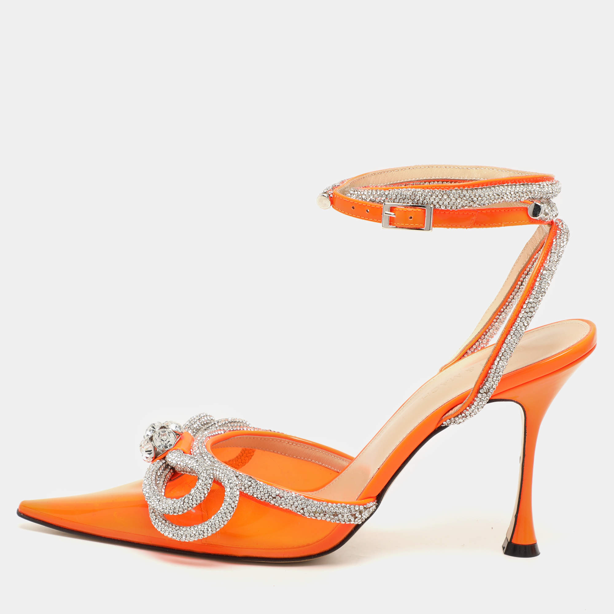 Pre Owned Mach & Mach Transparent/Silver PVC Crystal Embellished Double Bow Ankle Wrap Pumps Size 40