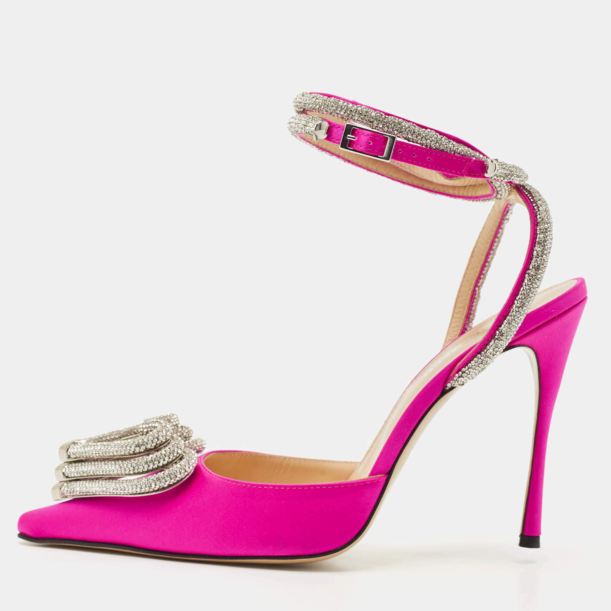 Mach & Mach Pink Satin Crystal Embellished Triple Heart Ankle Wrap Pumps Size 40