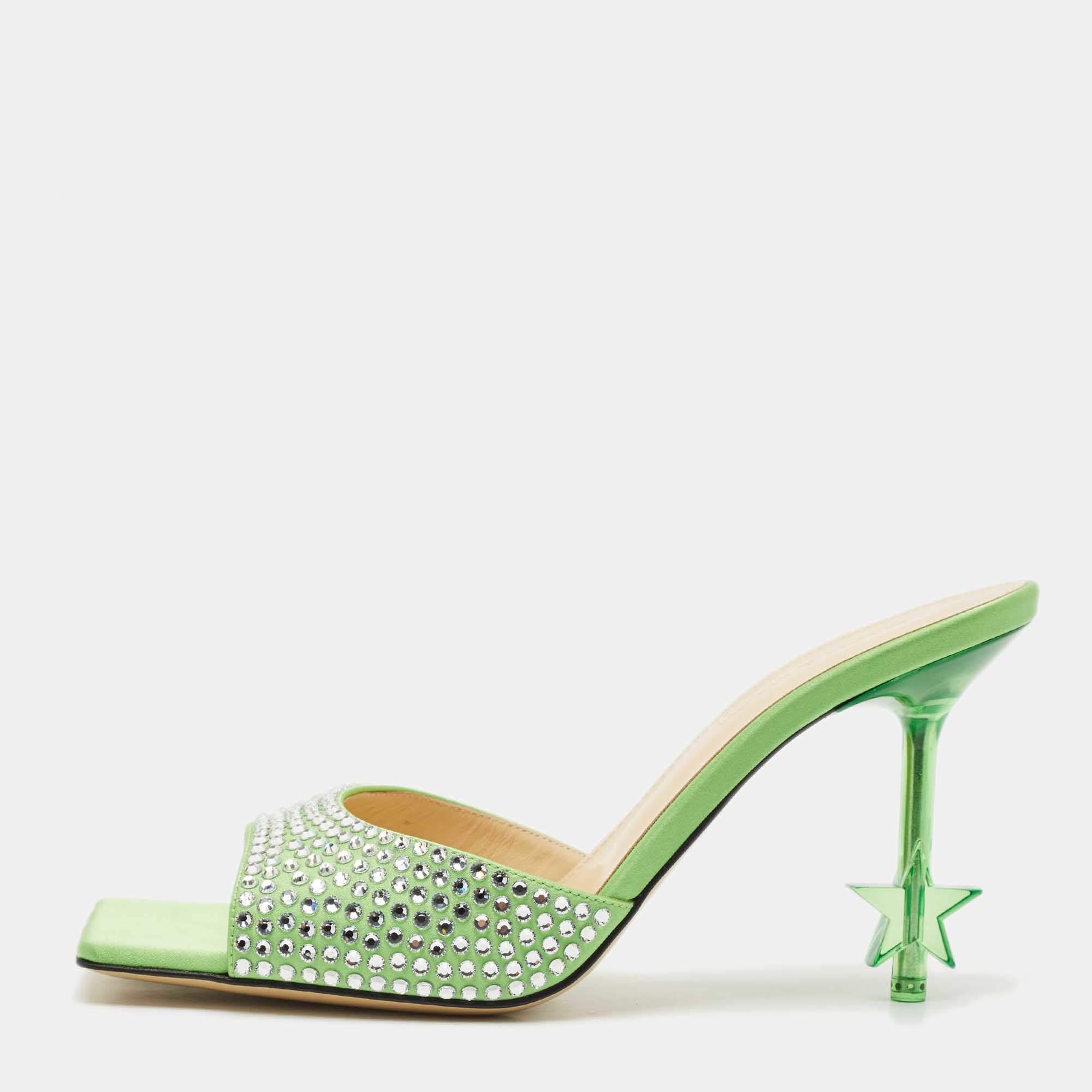 Mach & Mach Green Satin Crystal Embellished Star Slide Sandals Size 38