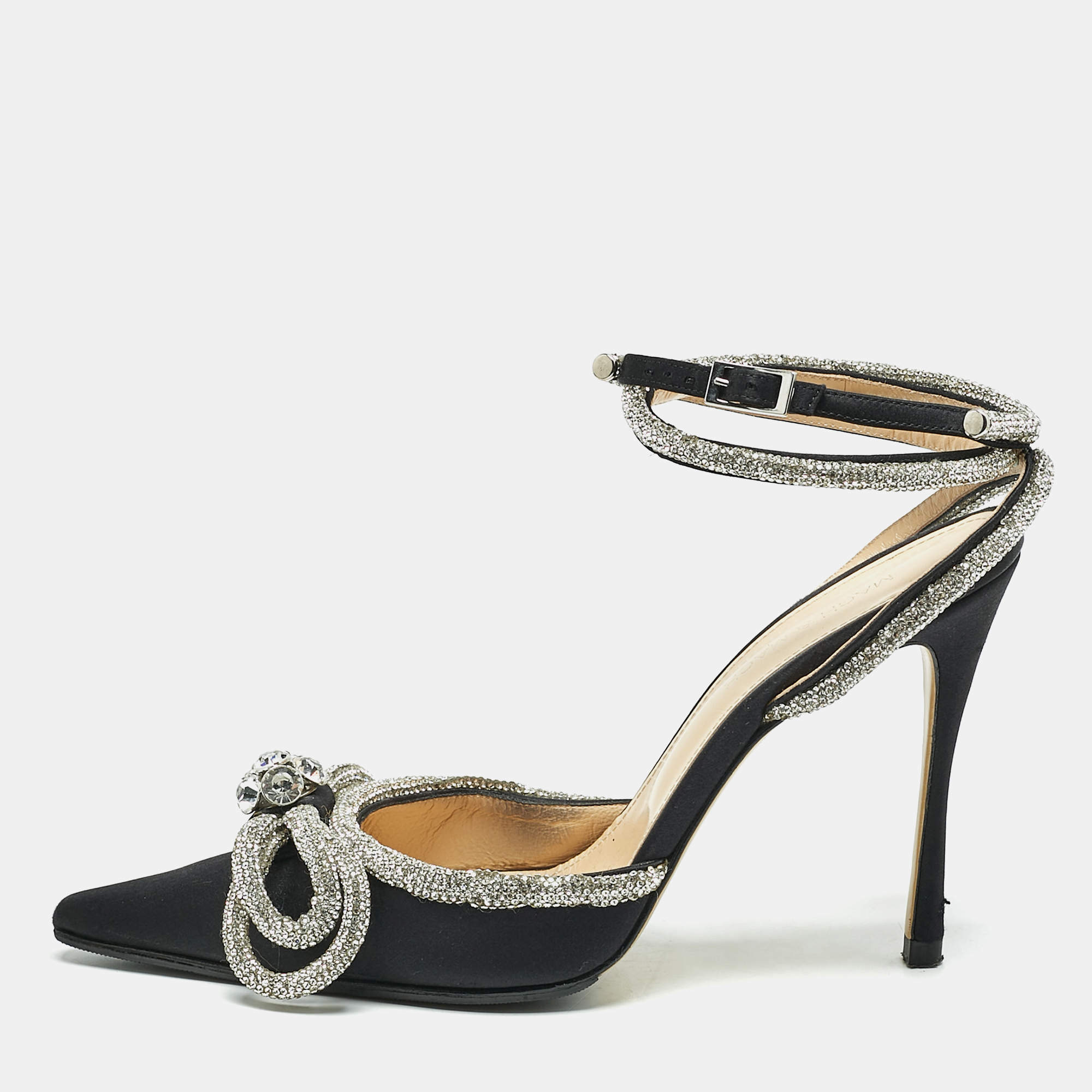 Mach & Mach Black Satin Double Bow Crystal Embellished Ankle Strap Pumps Size 39