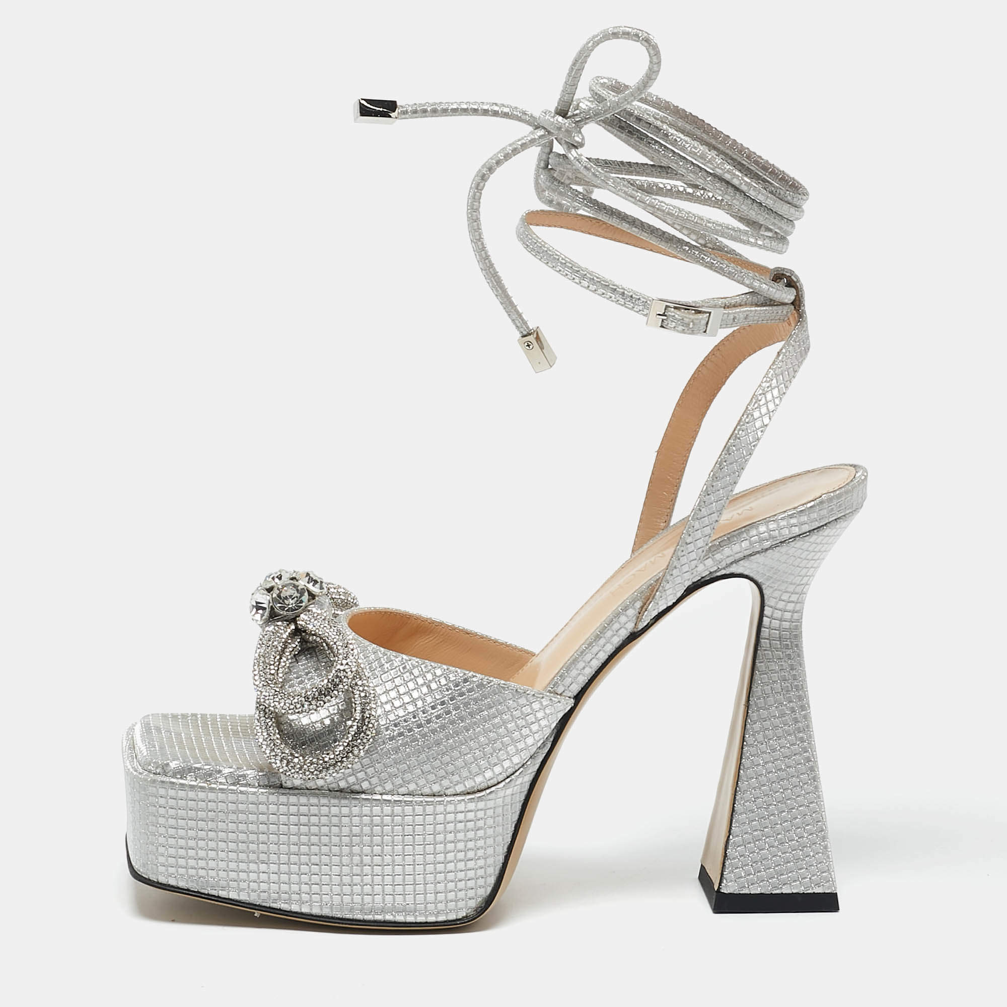 Mach & Mach Silver Leather Double Bow Platform Block Heel Ankle Strap Sandals Size 38