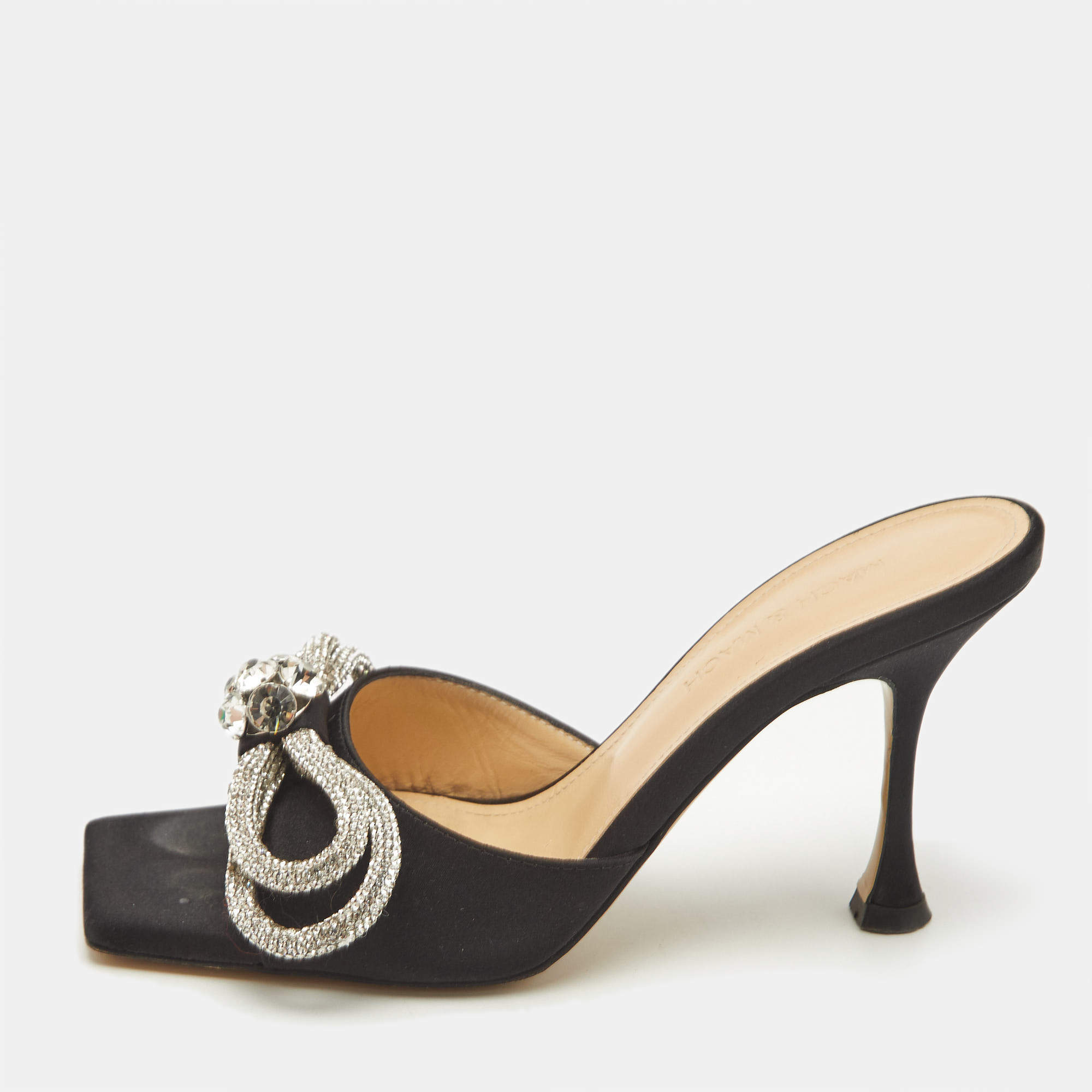 Mach & Mach Black Satin Double Bow Crystals Slide Sandals Size 36.5
