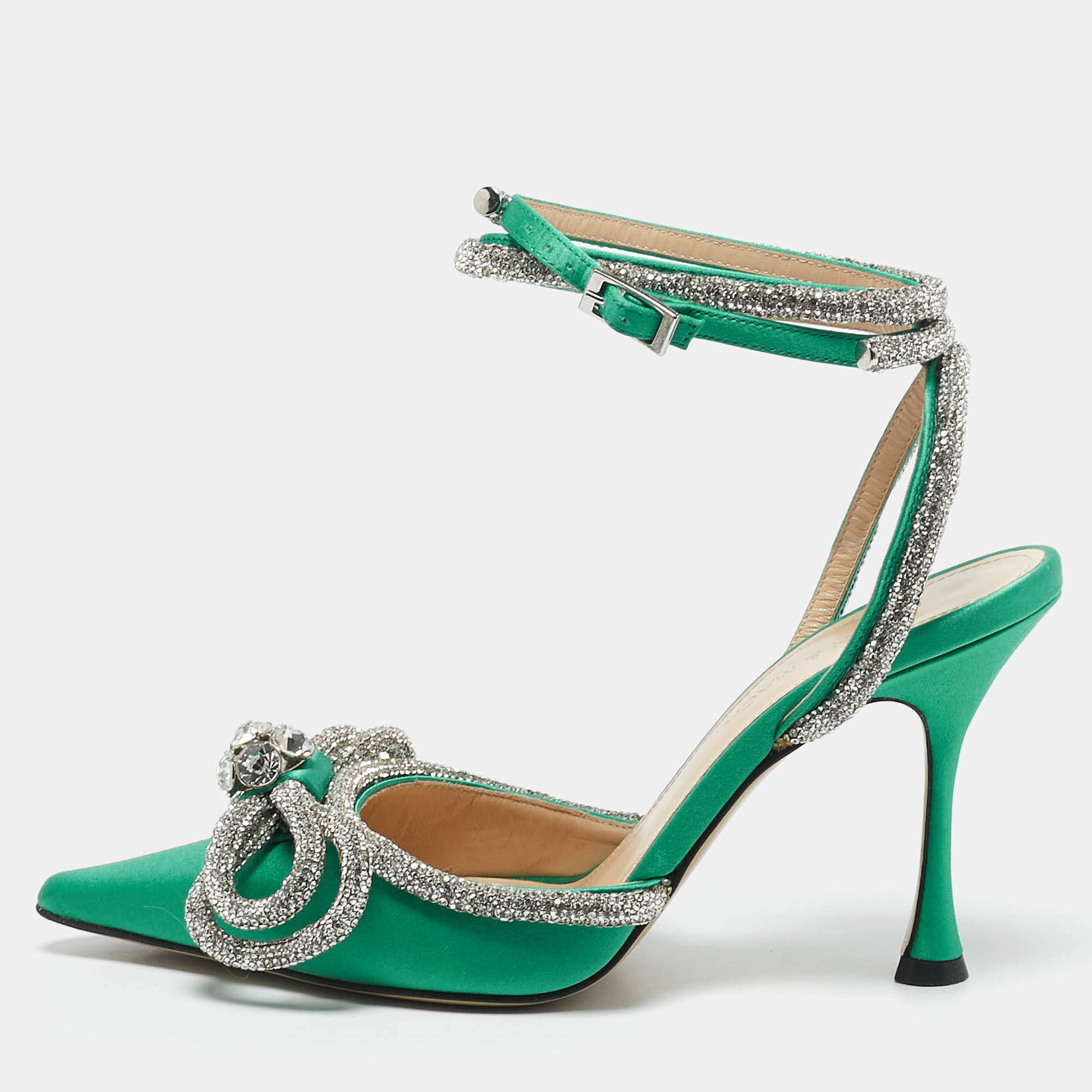 Mach & Mach Green Satin Double Bow Crystal Embellished Ankle Strap Pumps Size 35.5