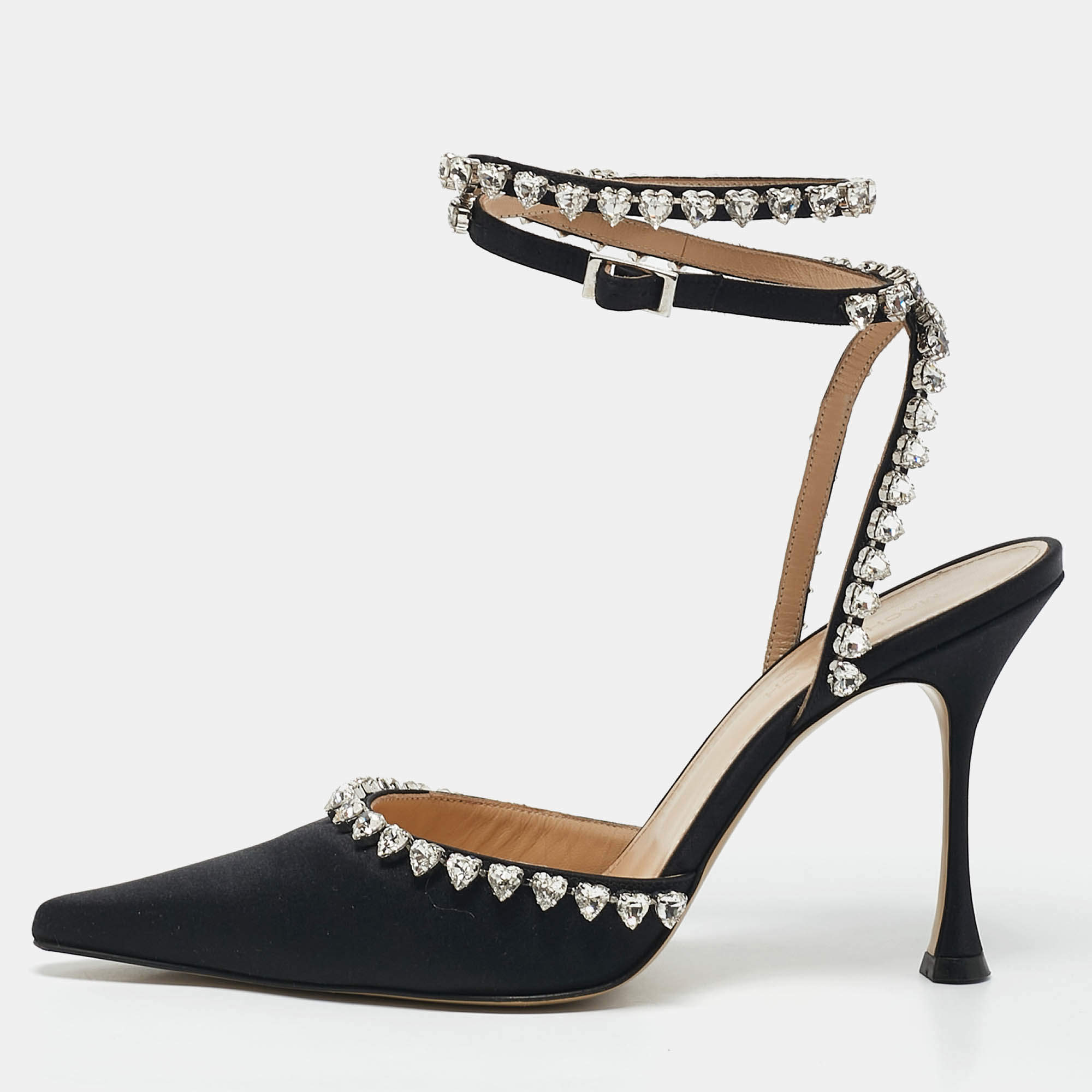 Mach & Mach Black Satin Heart Crystal Embellished Audrey Pumps Size 39