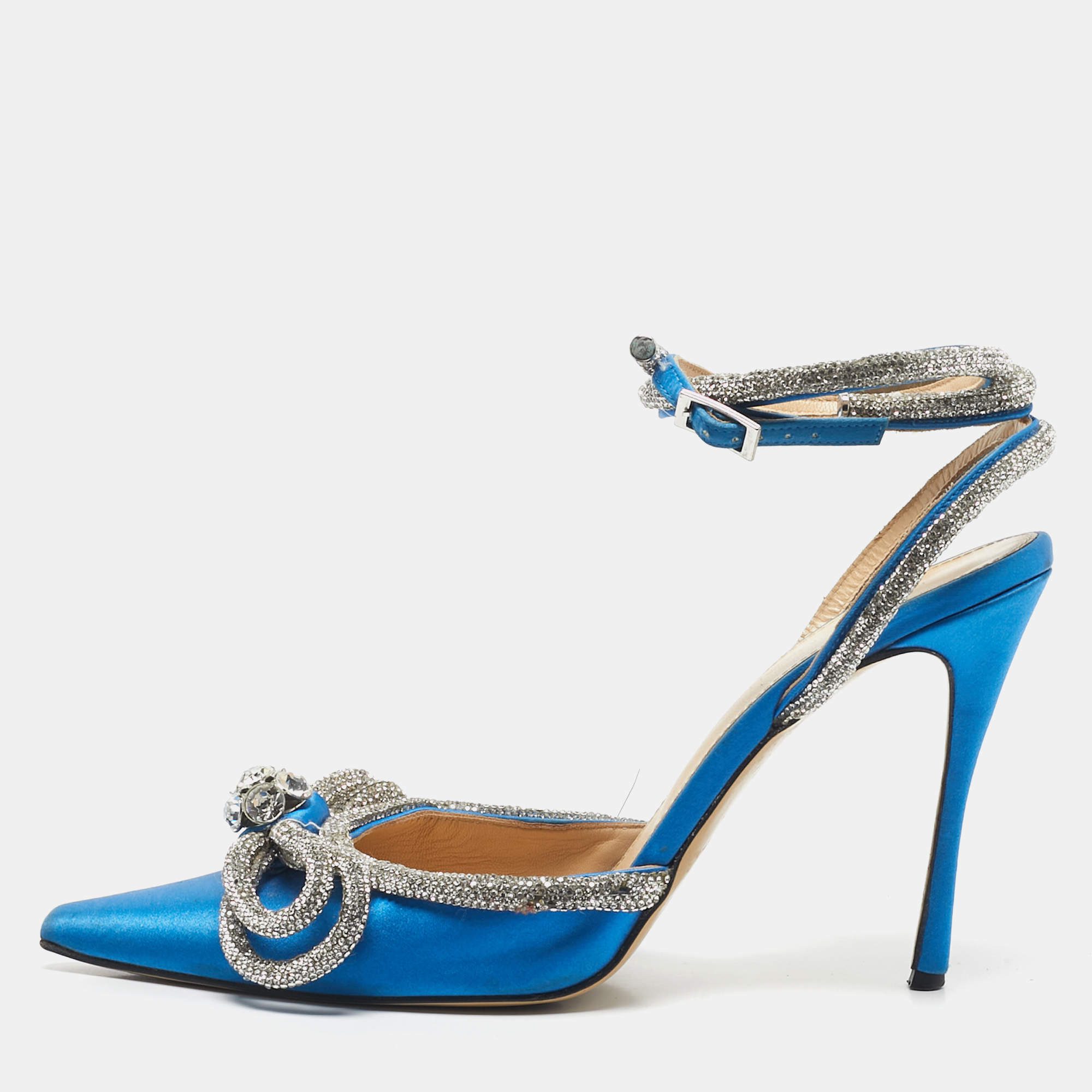 Pre Owned Mach & Mach Blue Satin Crystal Embellished Double Bow Ankle Wrap Pumps Size 40.5