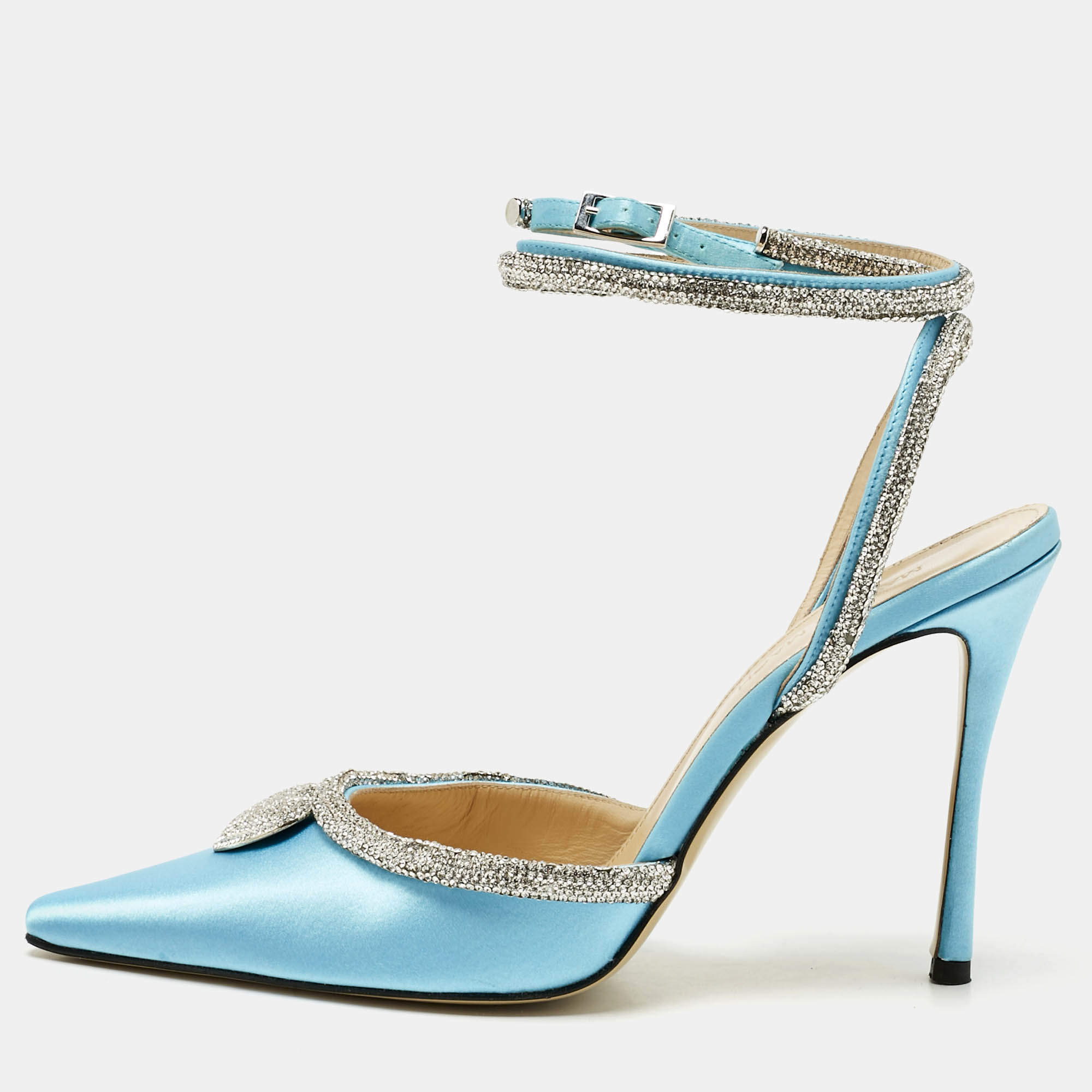 Pre Owned Mach & Mach Blue Satin Crystal Heart Heel Embellished Ankle Strap Pumps Size 38.5
