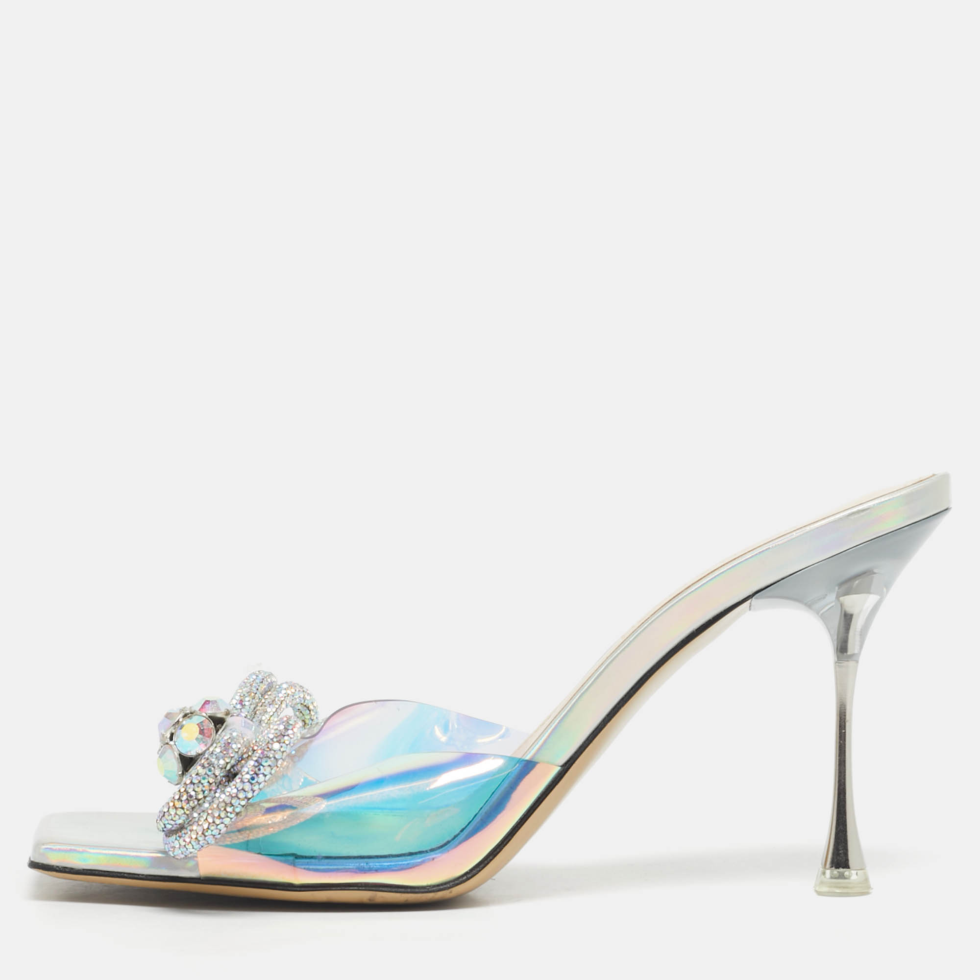 Pre Owned Mach & Mach Iridescent PVC Crystal Embellished Double Bow Slide Sandals Size 39.5