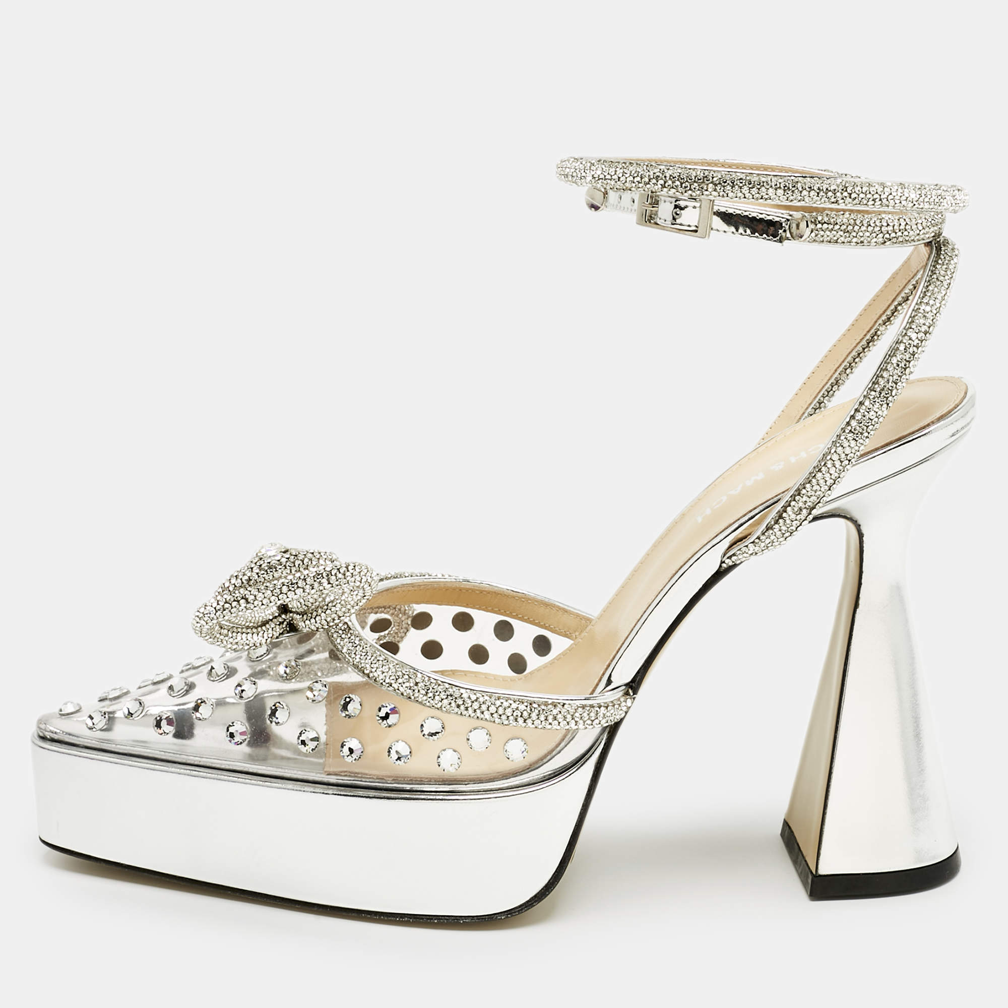 Pre Owned Mach & Mach Silver Leather and PVC Double Bow Platform Pumps Size 38.5