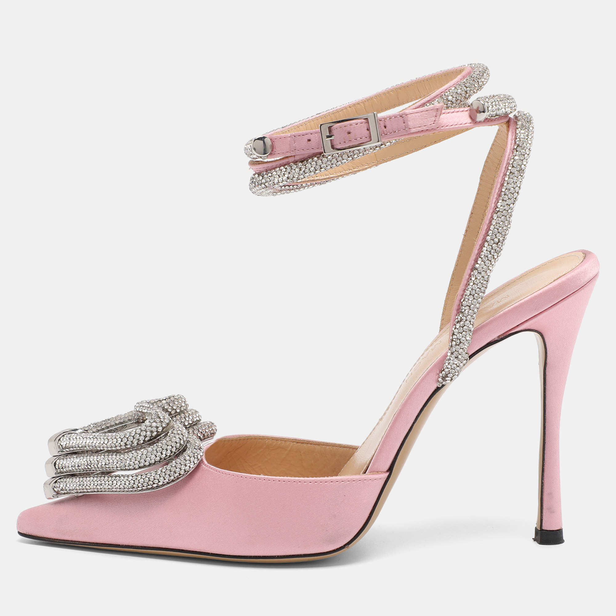 Pre Owned Mach & Mach White Satin Crystal Embellished Triple Heart Ankle Wrap Pumps Size 36