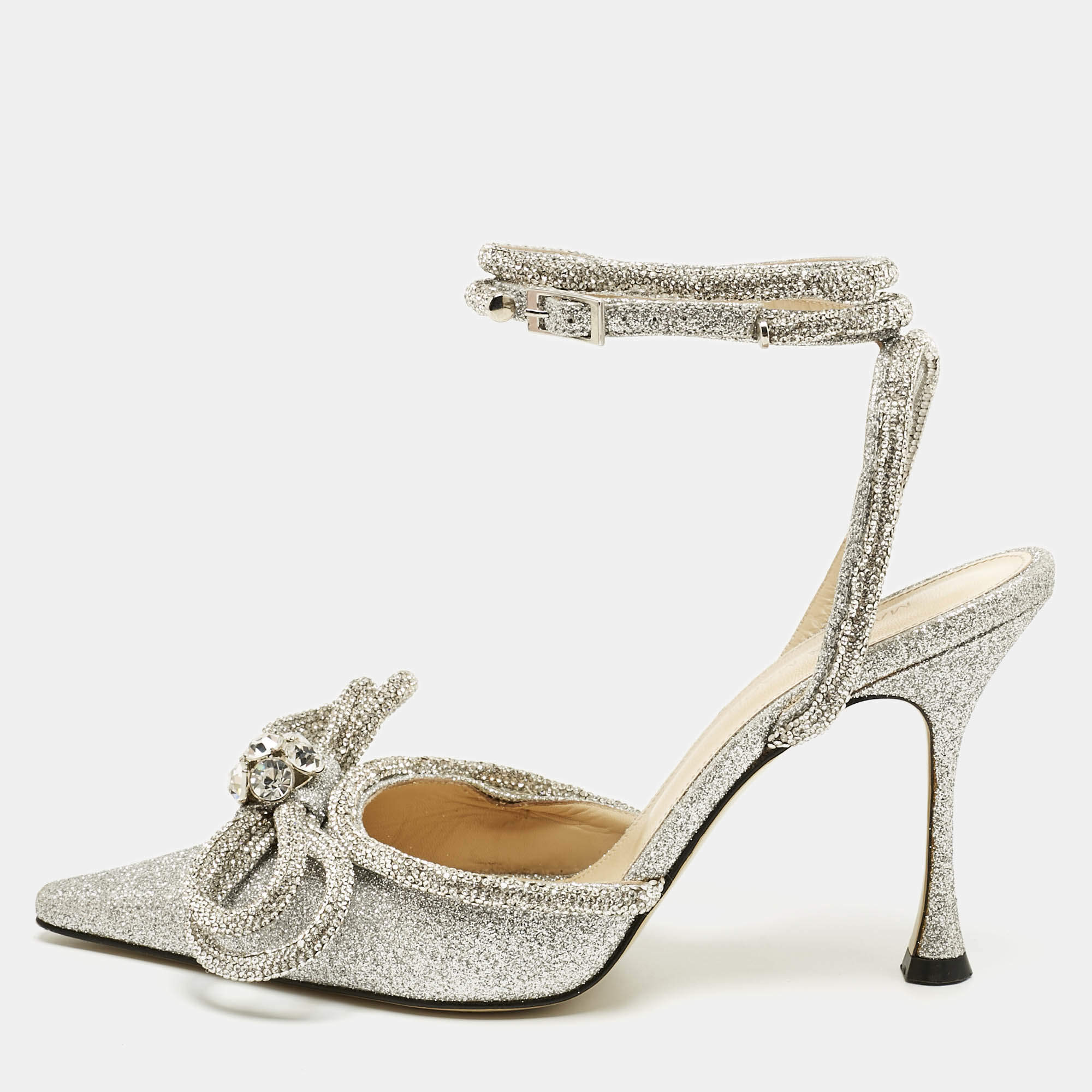 Pre Owned حذاء كعب عالي ماتش أند ماتش ساتان وردي فاتح / فضي مزدوج القوس مرصع كريستال مقاس 38.5