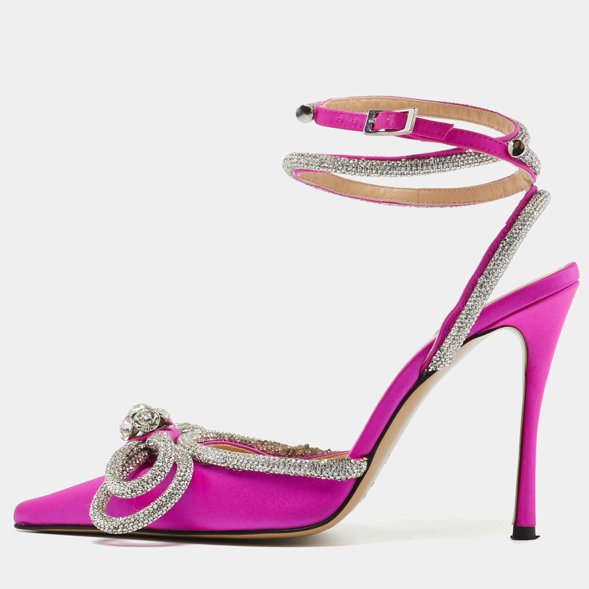Pre Owned Mach & Mach Purple Satin Crystal Embellished Double Bow Pumps Size 36.5